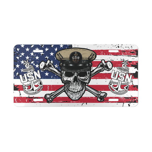 US Navy Senior Chief Skull & Crossbones on American Flag Vanity License Plate