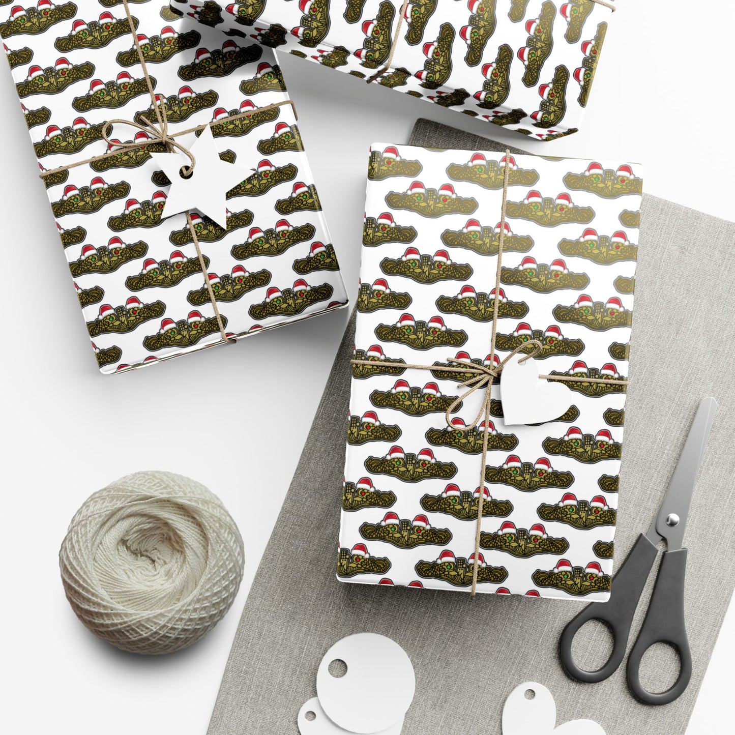 United States Navy Submarine Force Gold Officer Dolphins Christmas Hats with Red and Green Eyes White Gift Wrap Papers