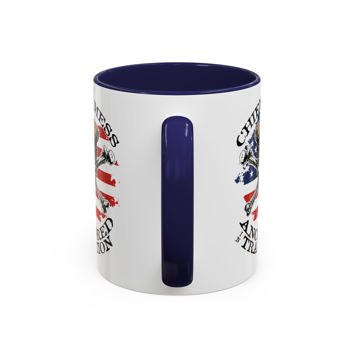 US Navy Chief's Mess Anchored Tradition CPO Sailor Skull with Distressed USA Flag Accent Coffee Mugs