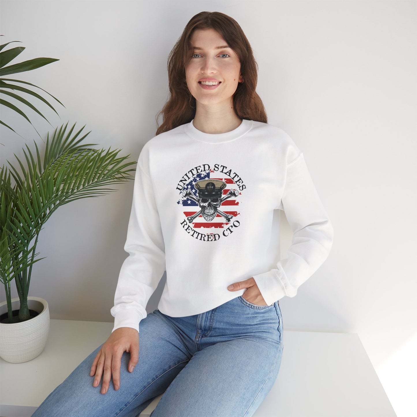 United States Retired CPO Skull Crossbones Chief Sailor on Distressed American Unisex Heavy Blend™ Crewneck Sweatshirt