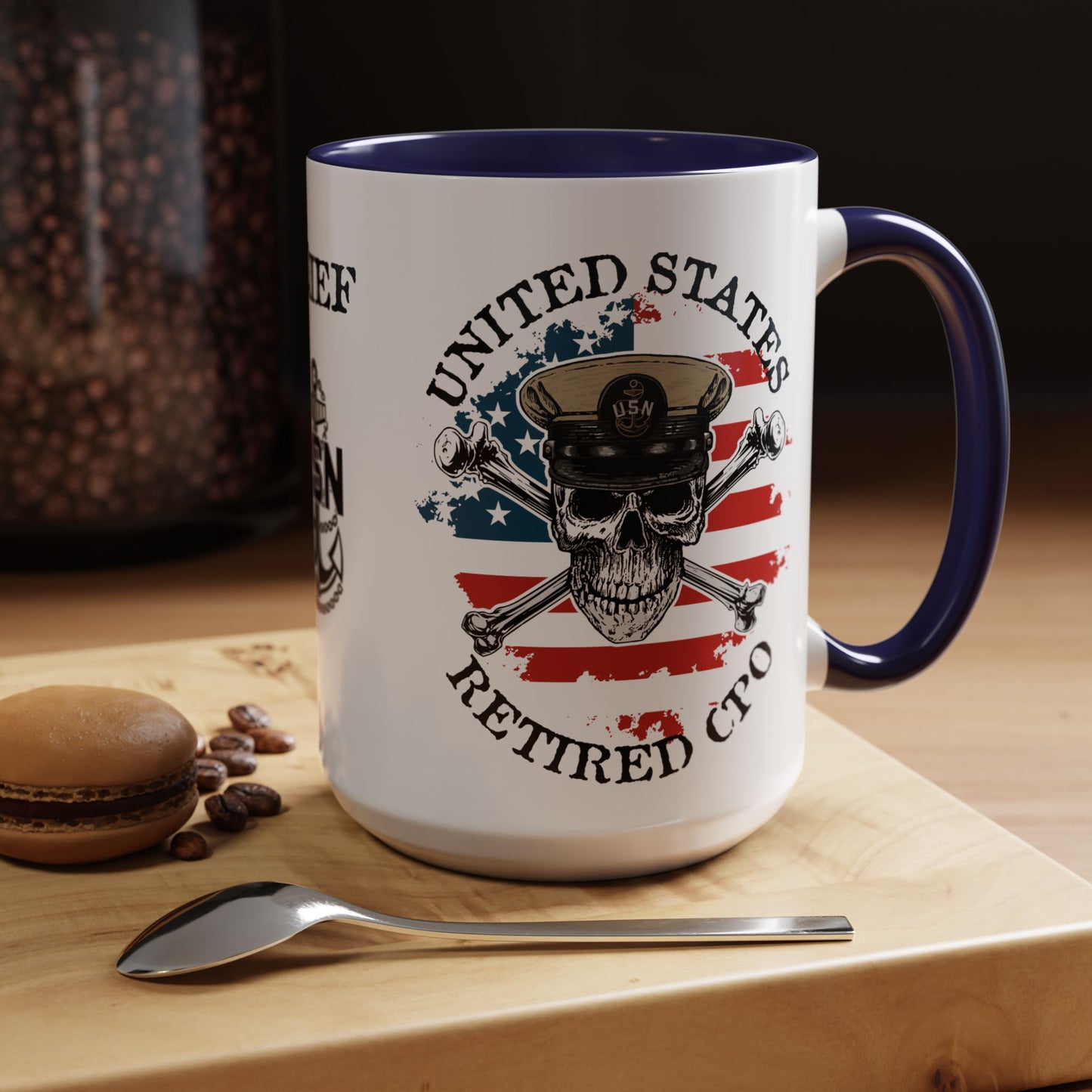United States Navy Retired CPO Skull Crossbones Chief Petty Officer Anchor with Distressed USA Flag Accent Coffee Mugs