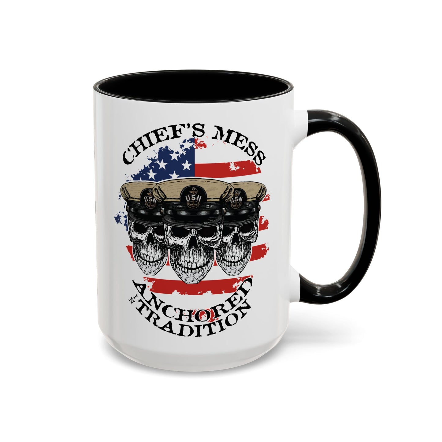 US Navy Chief's Mess Anchored Tradition CPO Sailor Skulls with Distressed USA Flag Accent Coffee Mugs