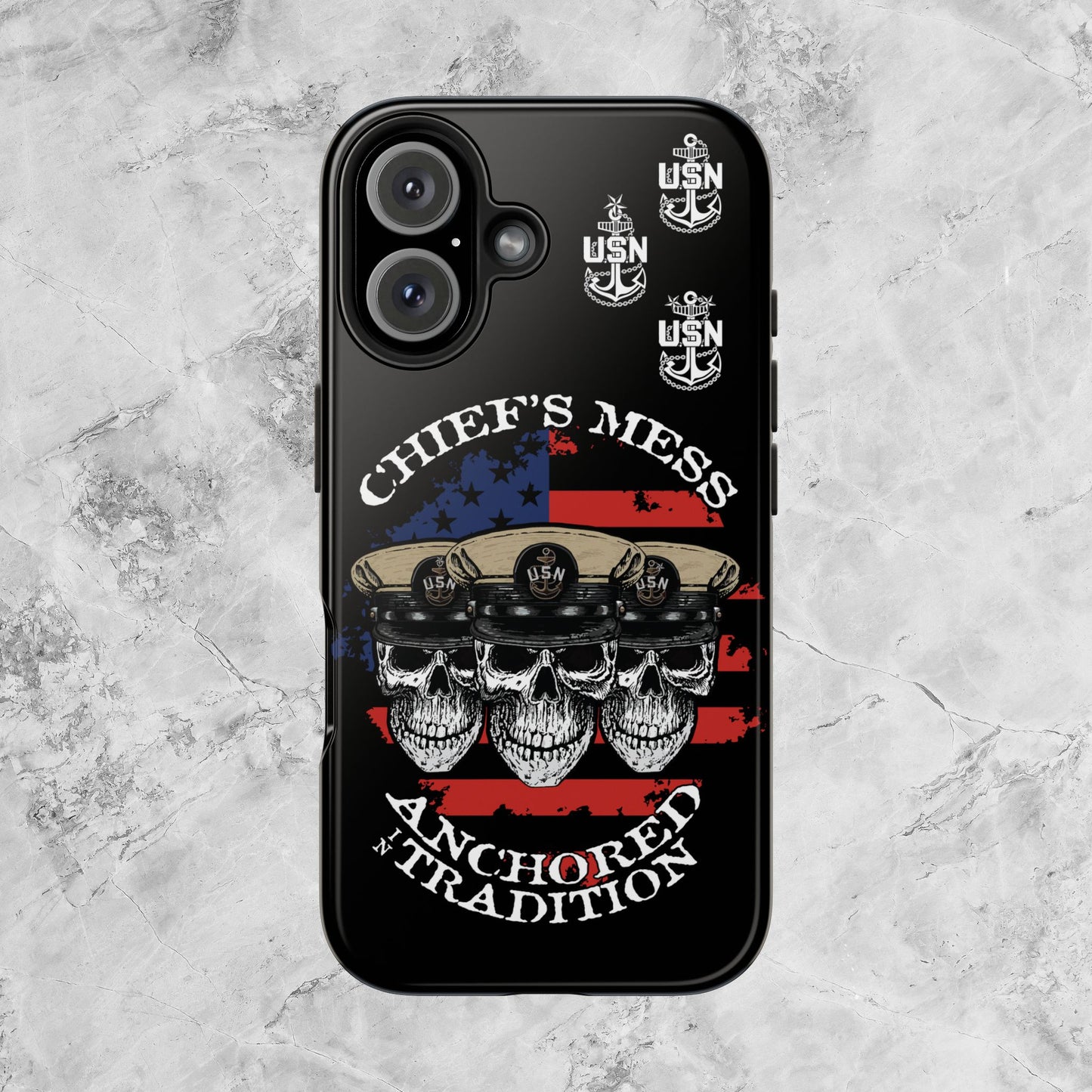 Chief's Mess Anchored Tradition CPO Sailor Skulls on Distressed USA Flag Black Tough iPhone Case