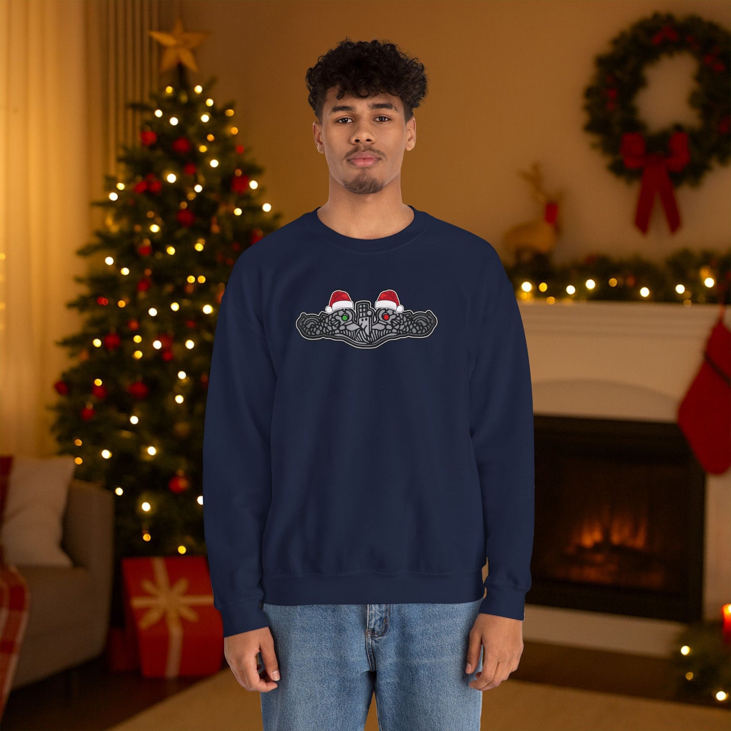 United States Submarine Force Silver Dolphins Christmas Santa Hats with Red and Green Eyes Unisex Heavy Blend™ Crewneck Sweatshirt