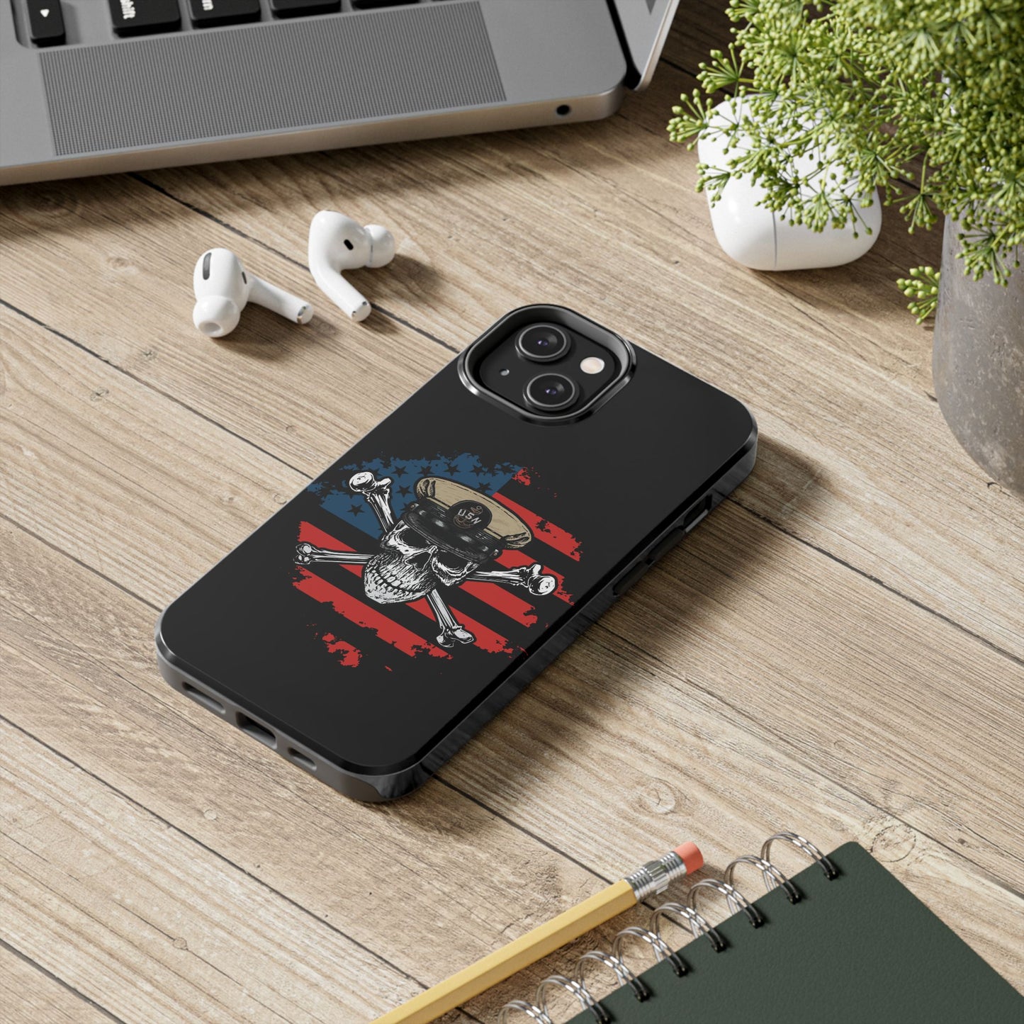 Naval Chief Skull & Crossbones on American Flag Black Tough iPhone Case