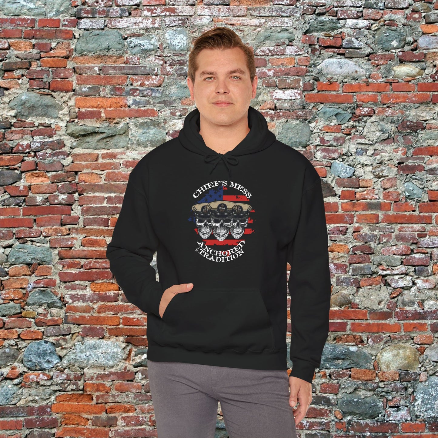 Chief's Mess Anchored Tradition CPO Sailor Skulls on Distressed USA Flag Unisex Heavy Blend™ Hooded Sweatshirt