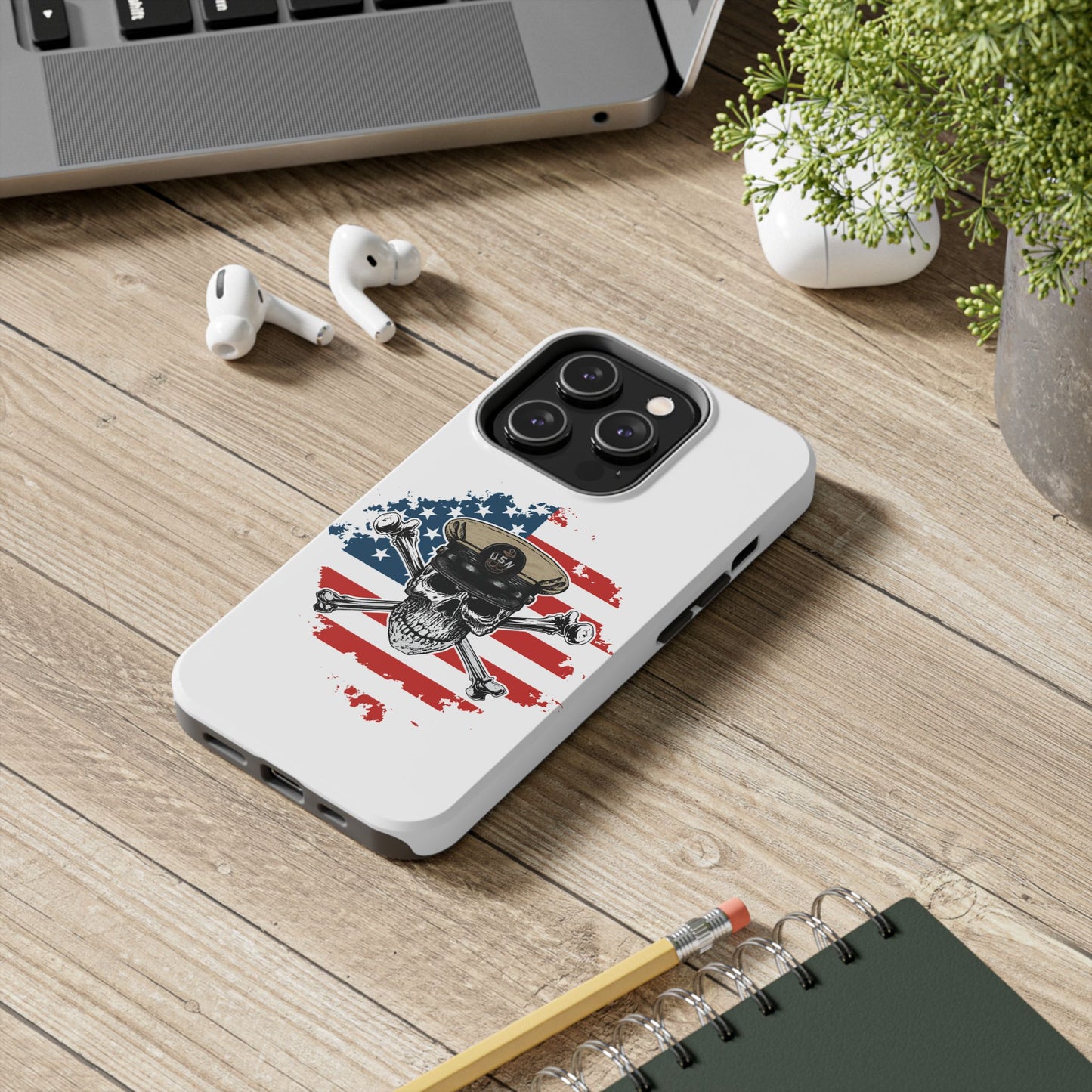 Naval Chief Skull & Crossbones on American Flag White Tough iPhone Case