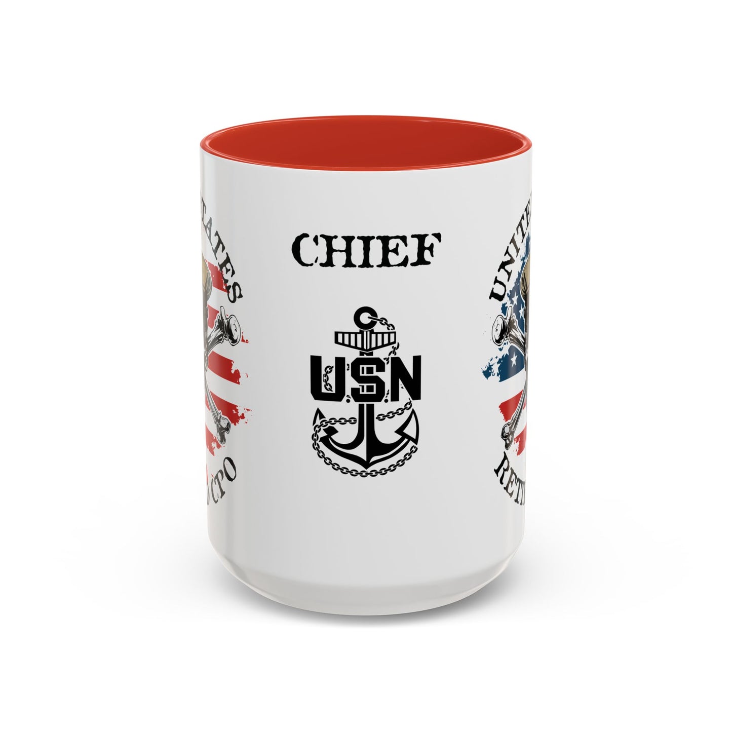 United States Navy Retired CPO Skull Crossbones Chief Petty Officer Anchor with Distressed USA Flag Accent Coffee Mugs