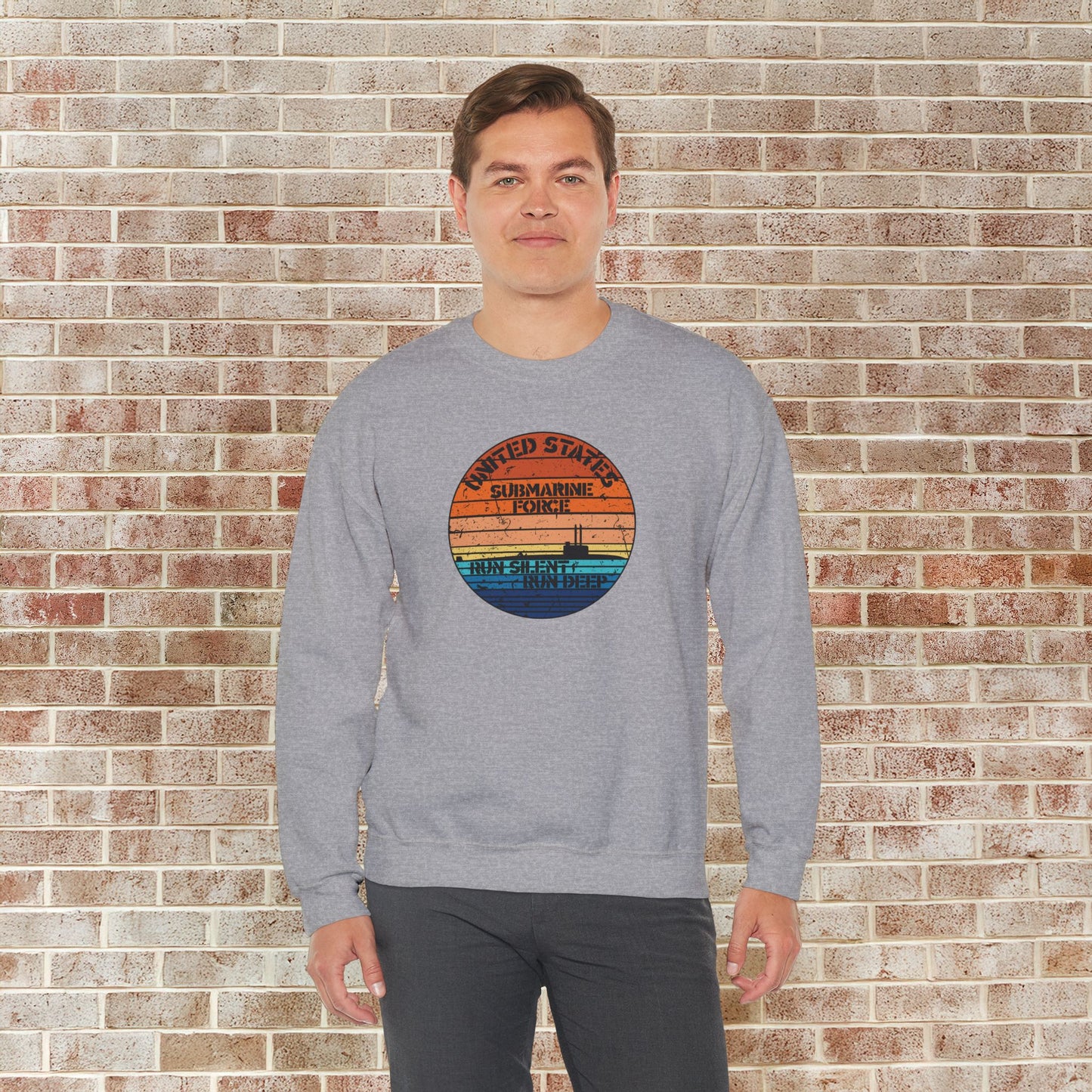Sunset United States Navy Submarine Force Run Silent Deep Distressed Vintage Unisex Heavy Blend™ Crewneck Sweatshirt