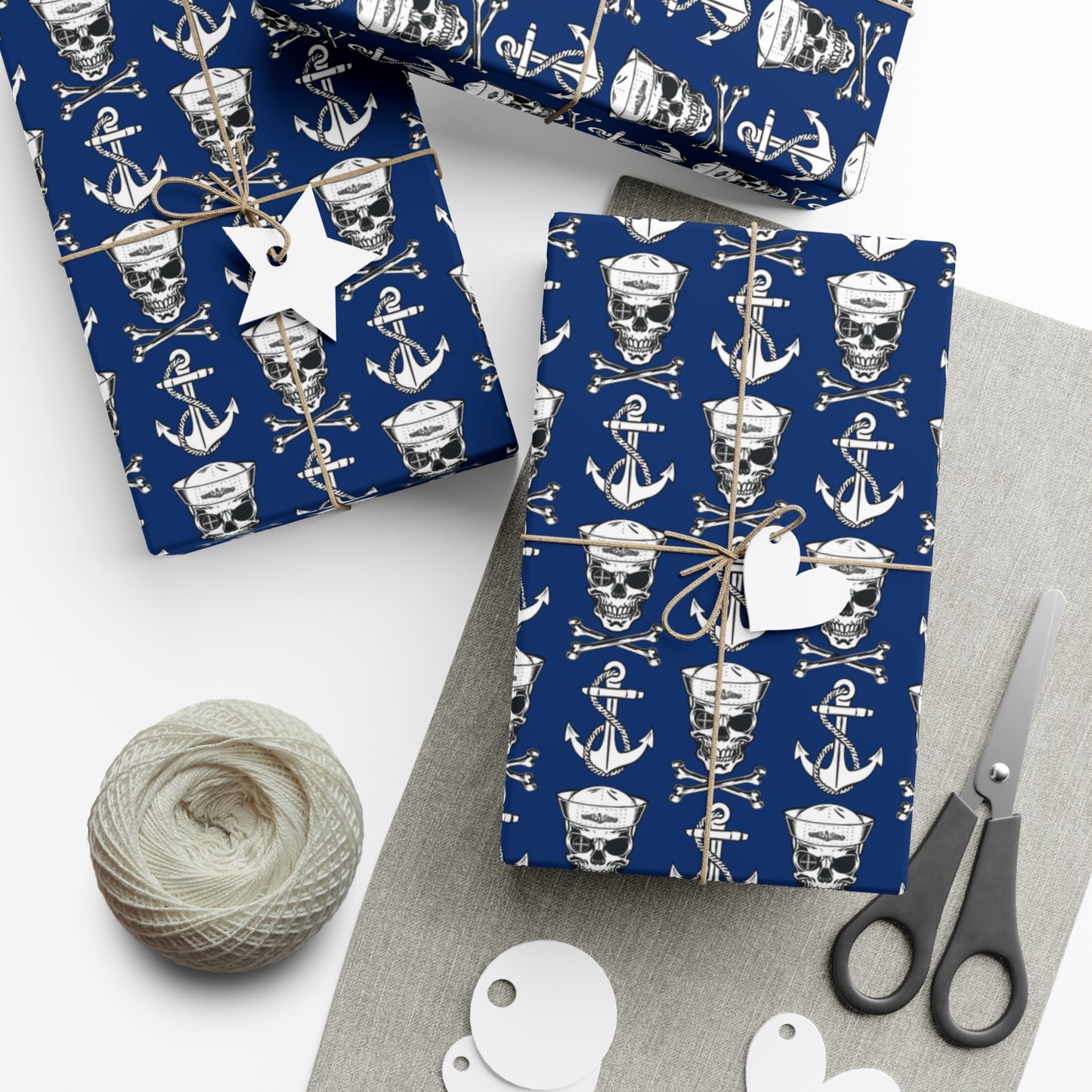 US Navy Submarine Force Sailor Skull Crossbones Wearing Dolphins with Anchors Blue Gift Wrap Papers
