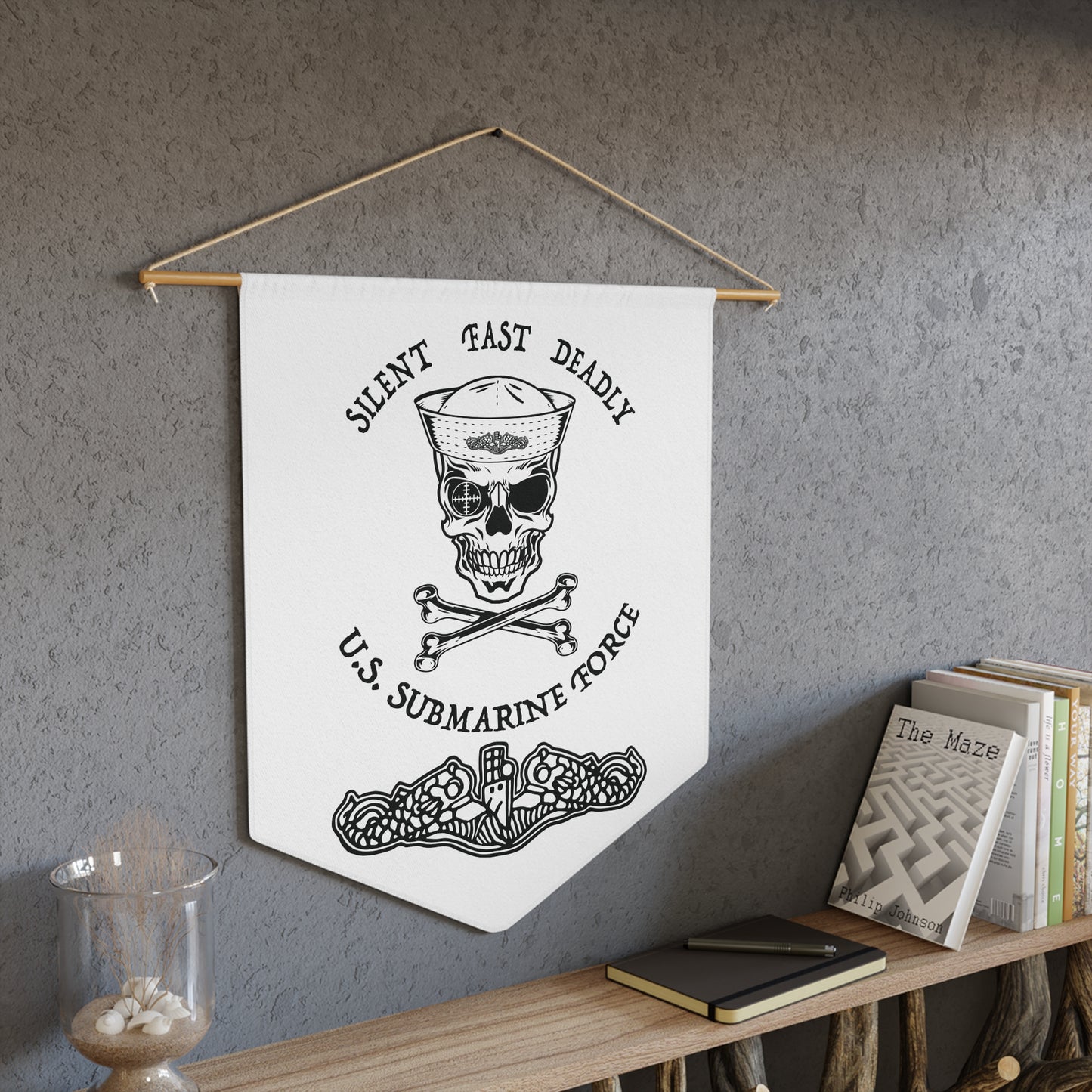 US Navy Submarine Force Skull and Crossbones Sailor with Dolphins on White Pennant
