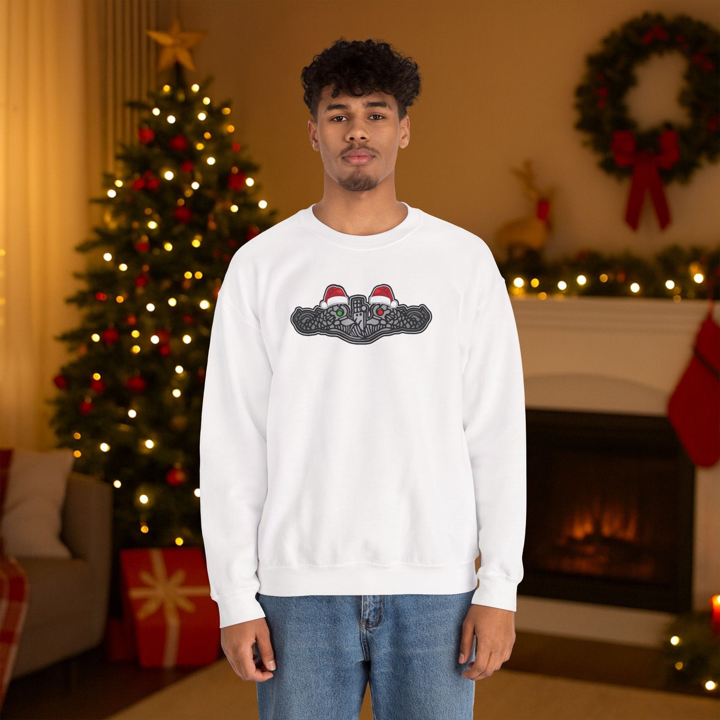 United States Submarine Force Silver Dolphins Christmas Santa Hats with Red and Green Eyes Unisex Heavy Blend™ Crewneck Sweatshirt