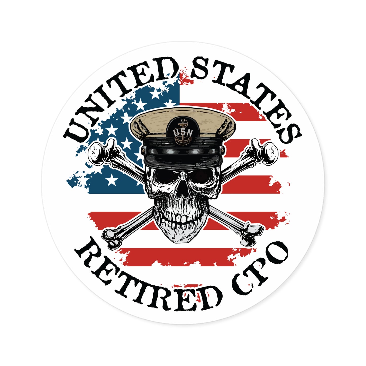U.S. Retired CPO Skull Crossbones Chief Petty Officer with Distressed American Flag Round Sticker