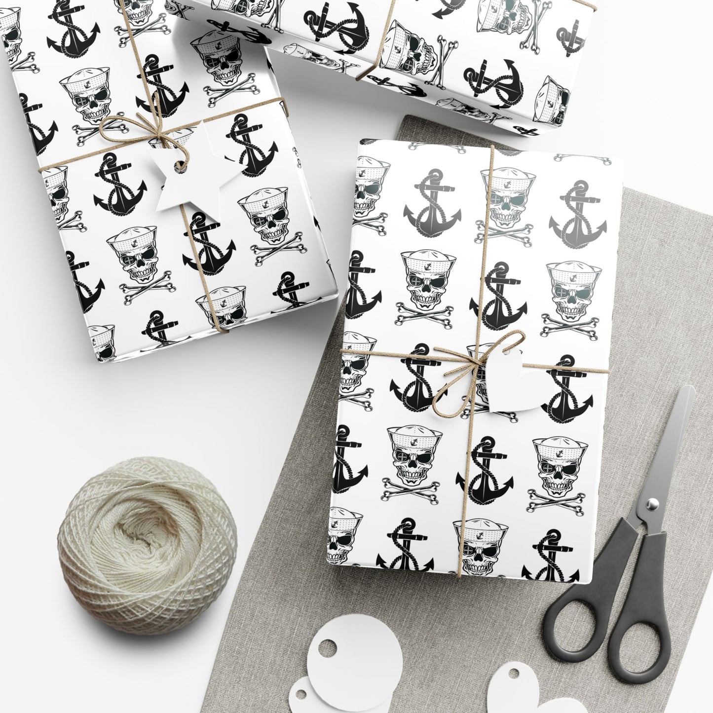 US Navy Sailor Skull Crossbones with Crosshairs and Anchors White Gift Wrap Papers