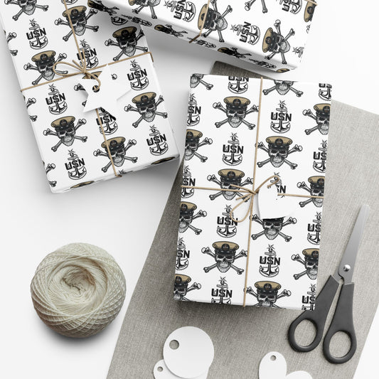 US Navy SCPO Senior Chief Skull & Crossbones with Anchors White Gift Wrap Papers