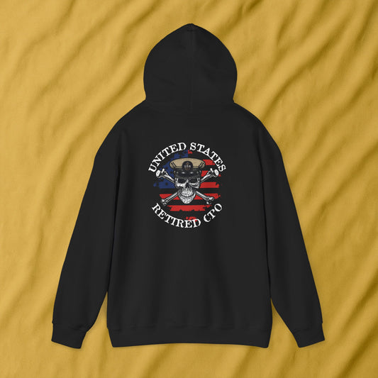 United States Retired CPO Skull Crossbones Chief Petty Officer on Distressed American Flag Mini Front Unisex Heavy Blend™ Hooded Sweatshirt