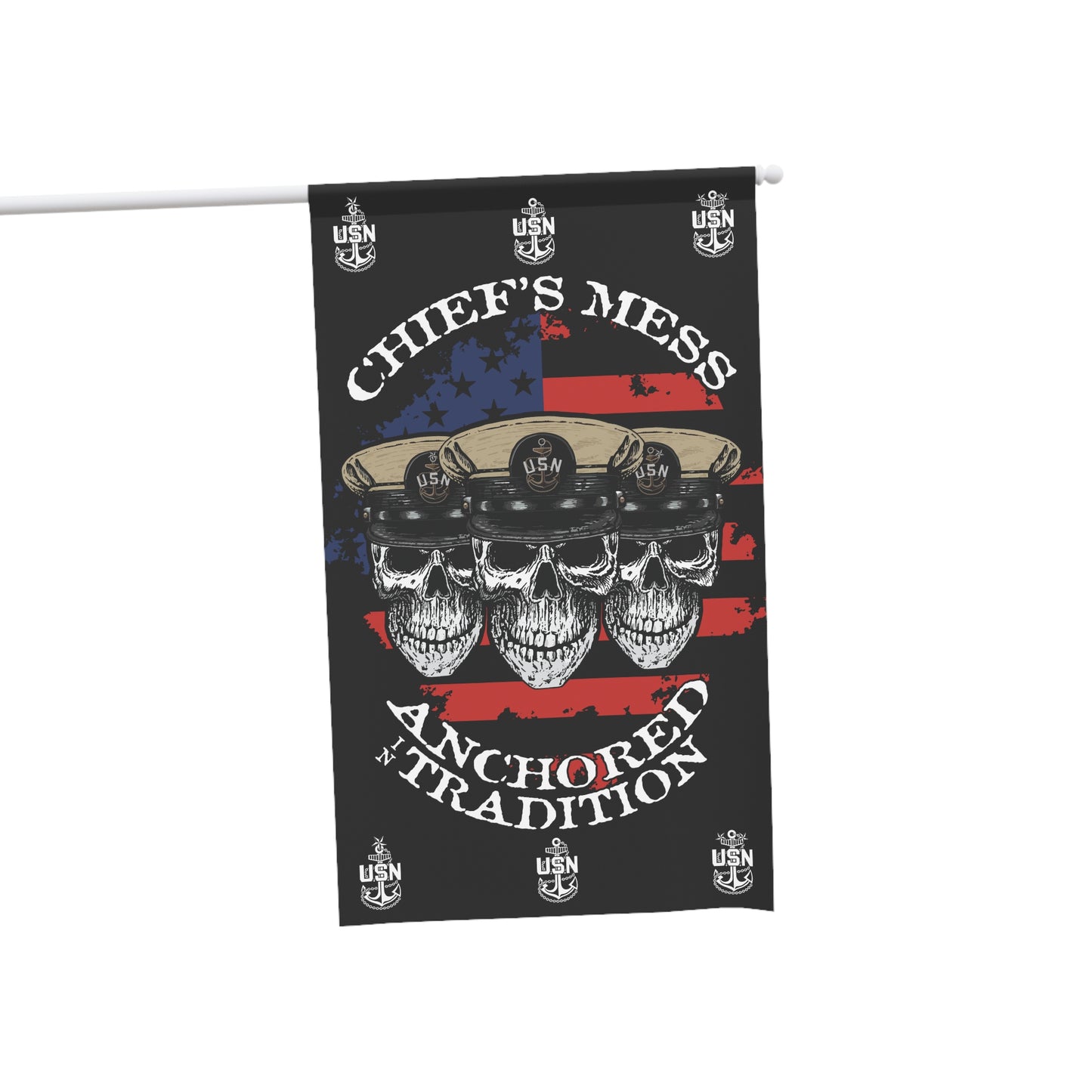 Chief's Mess Anchored Tradition CPO Skull Crossbones with Distressed USA Flag on Black House Banner