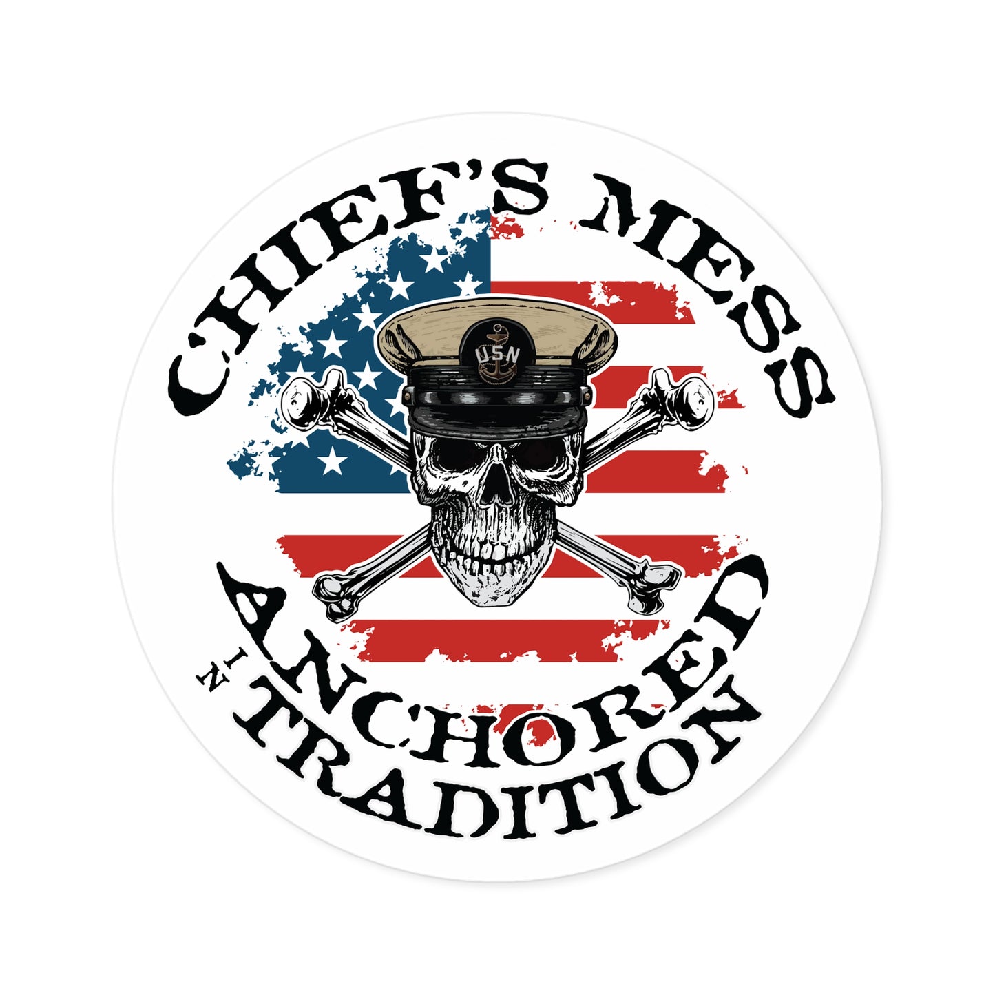Chief's Mess Anchored Tradition Skull Crossbones on Distressed USA Flag Round Sticker
