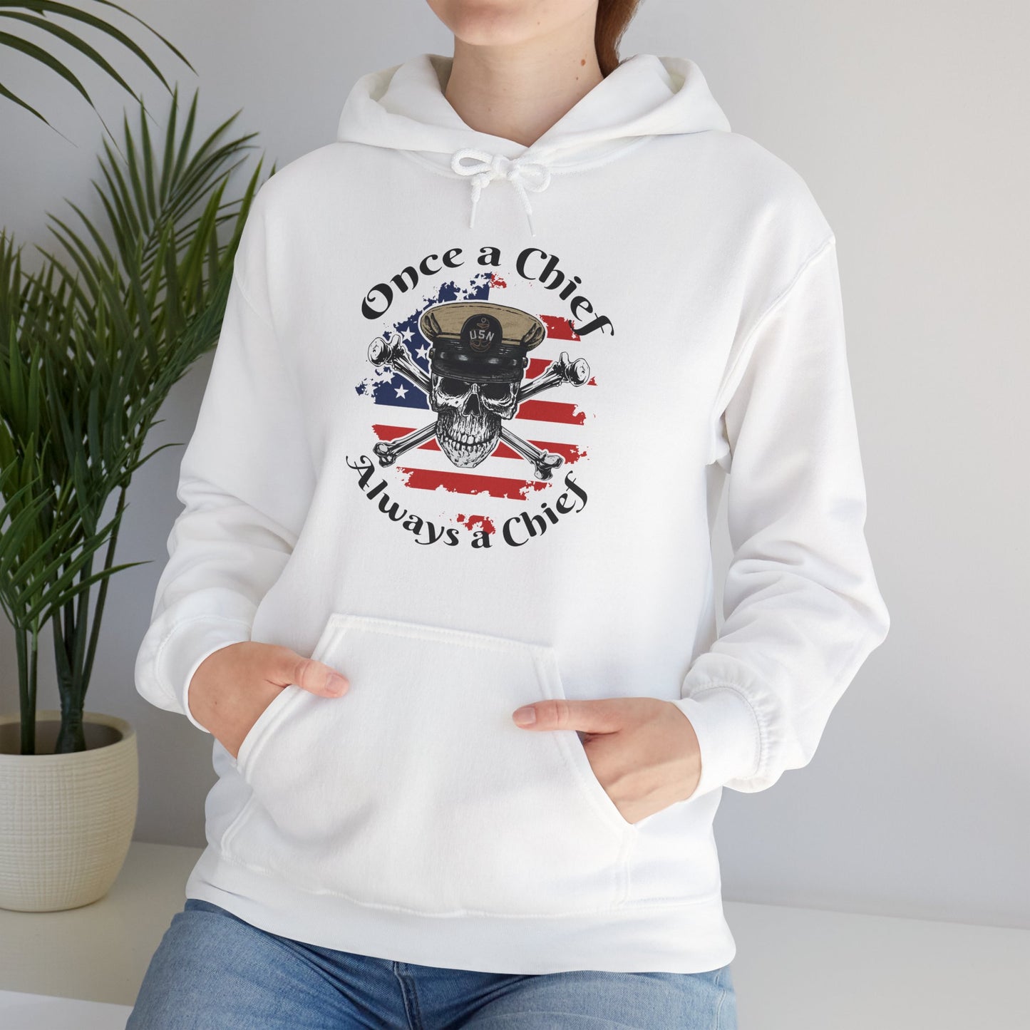 Once a Chief CPO Skull & Crossbones Sailor on Distressed USA Flag Unisex Heavy Blend™ Hooded Sweatshirt