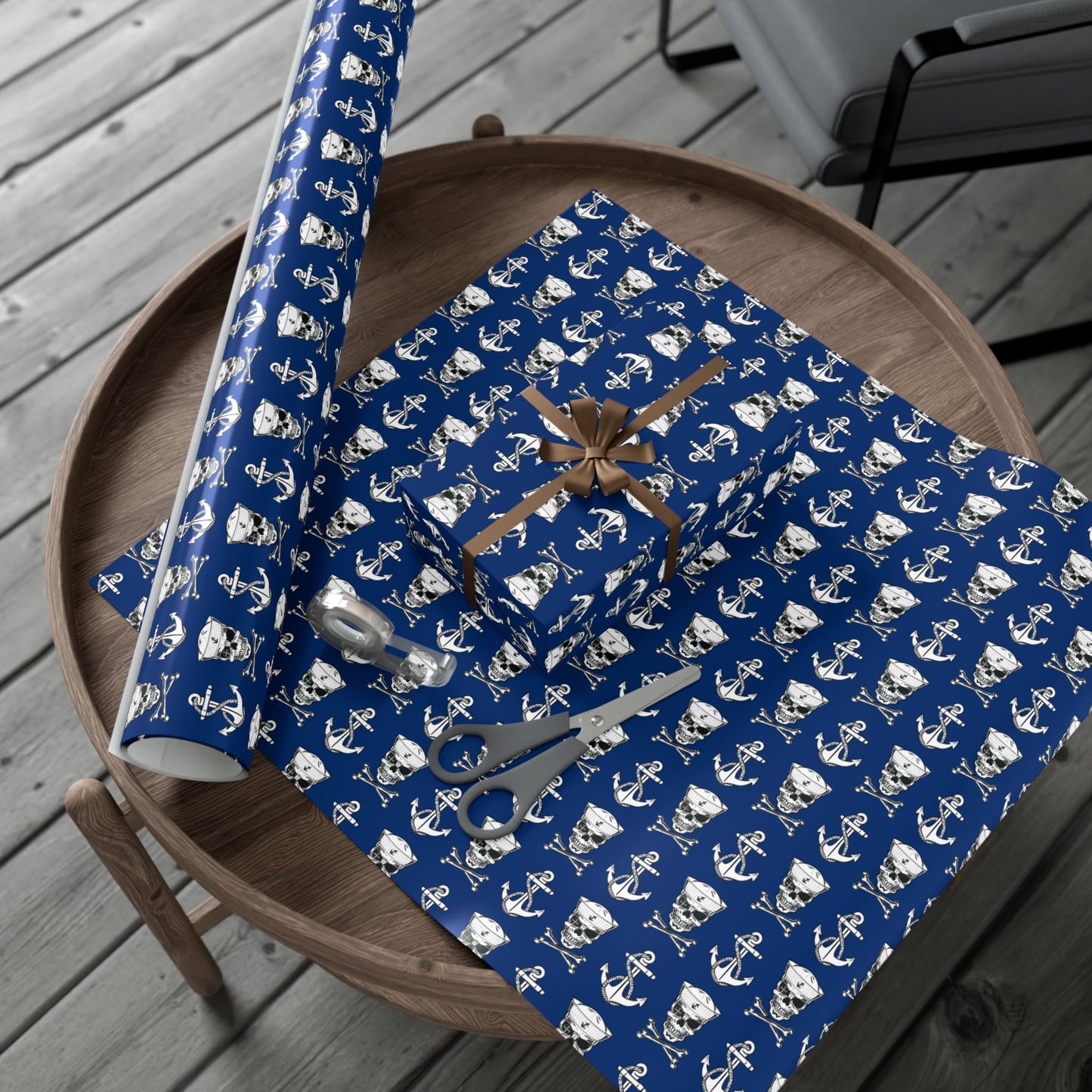 US Navy Sailor Skull Crossbones and Anchors Blue Gift Wrap Papers
