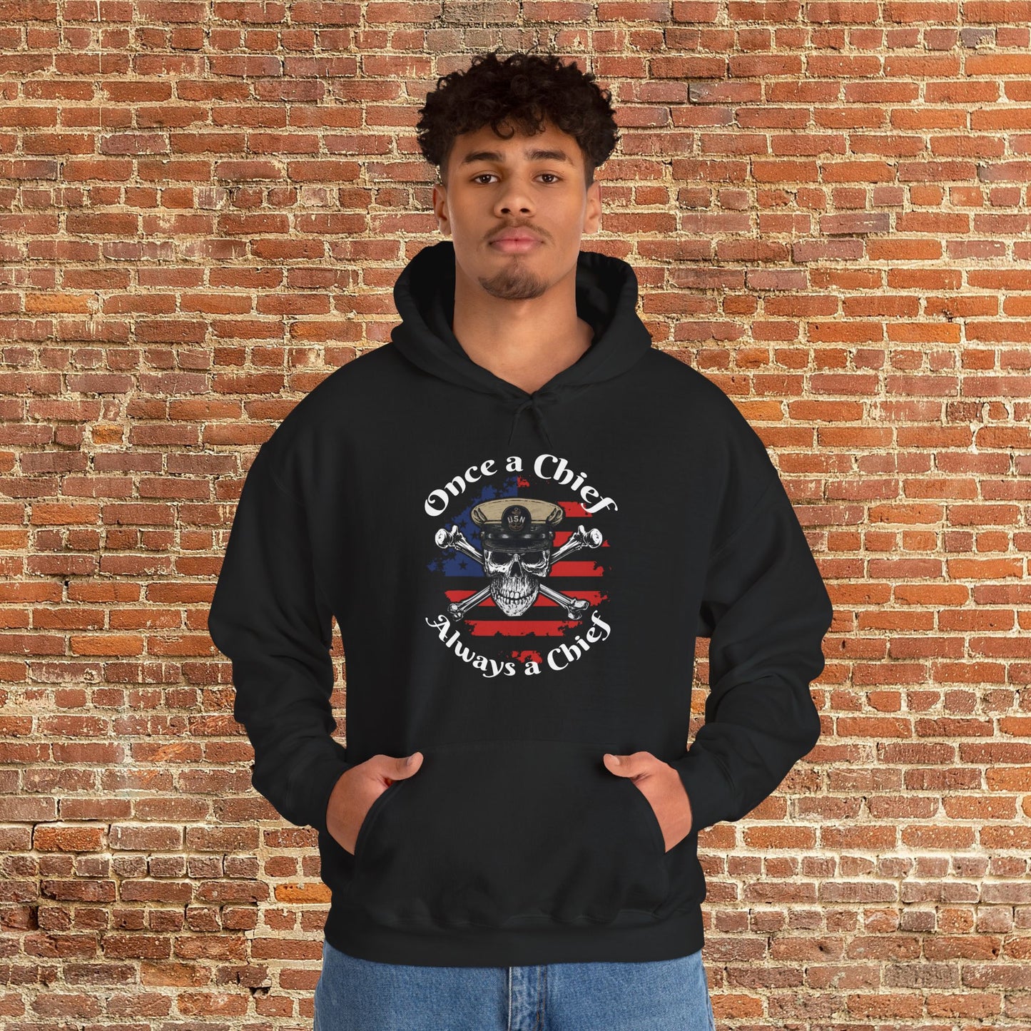 Once a Chief CPO Skull & Crossbones Sailor on Distressed USA Flag Unisex Heavy Blend™ Hooded Sweatshirt