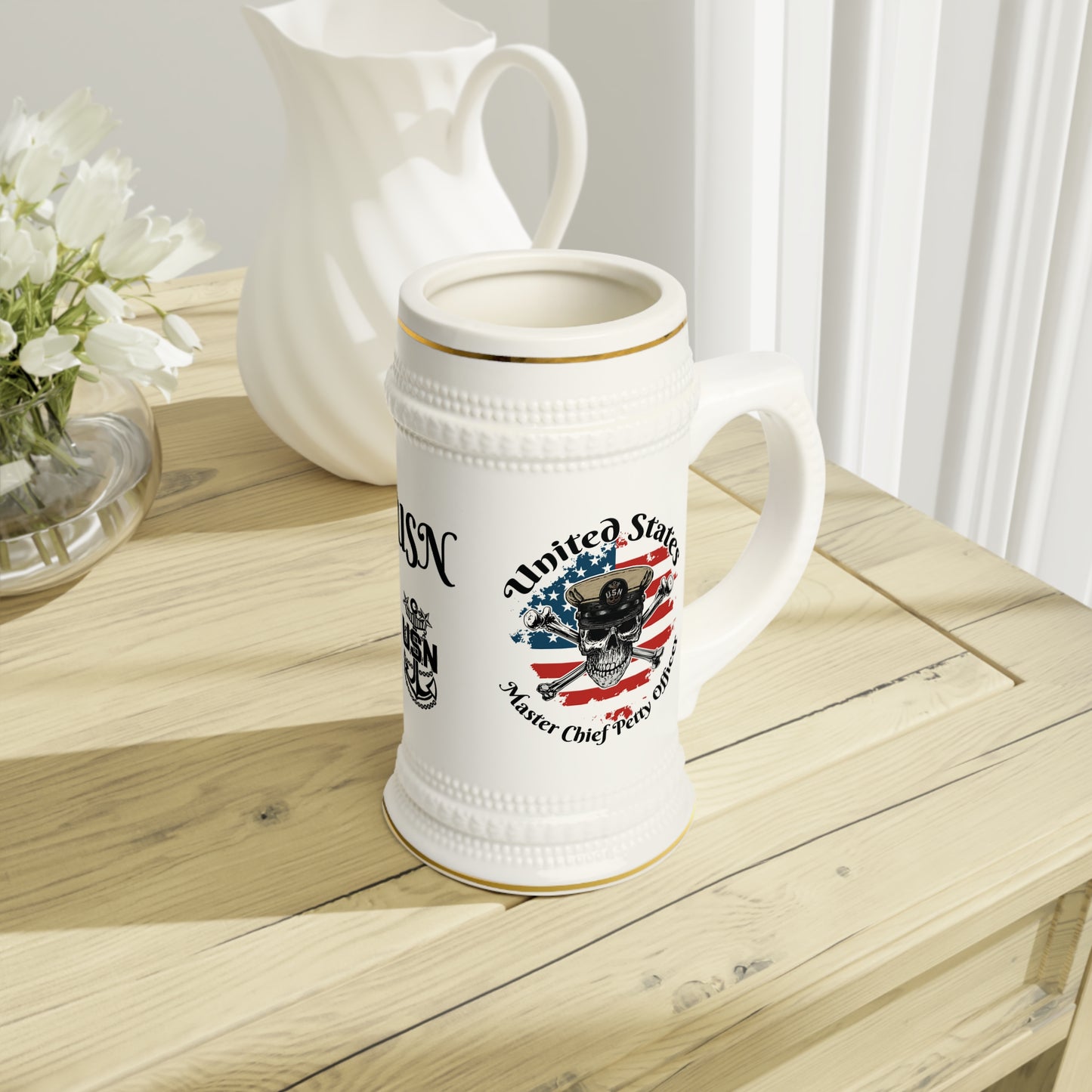 United States Navy Master Chief Petty Officer Skull & Crossbones on American Flag Stein Mug