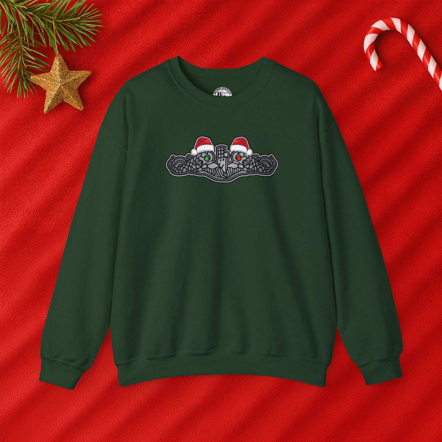 United States Submarine Force Silver Dolphins Christmas Santa Hats with Red and Green Eyes Unisex Heavy Blend™ Crewneck Sweatshirt