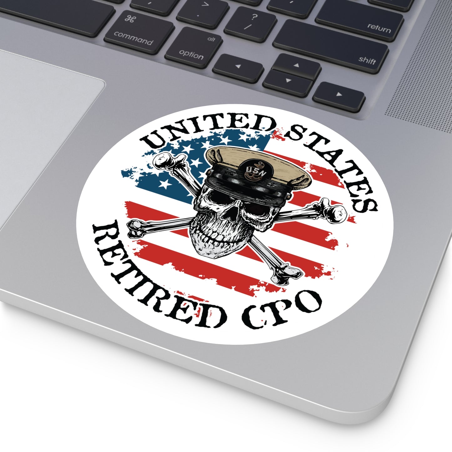 U.S. Retired CPO Skull Crossbones Chief Petty Officer with Distressed American Flag Round Sticker