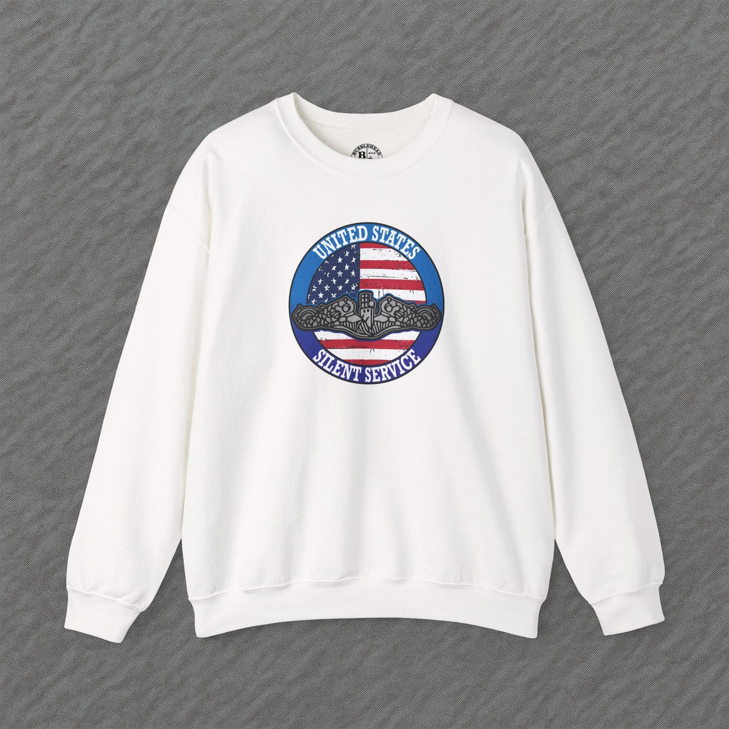 United States Silent Service Submarine Force Silver Dolphins on Distressed American Flag Unisex Heavy Blend™ Crewneck Sweatshirt