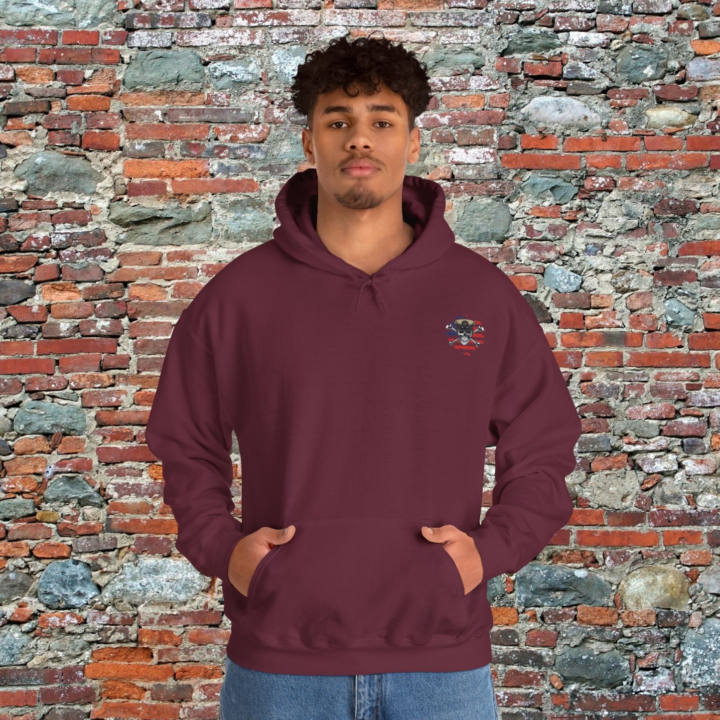 United States Retired CPO Skull Crossbones Chief Petty Officer on Distressed American Flag Mini Front Unisex Heavy Blend™ Hooded Sweatshirt