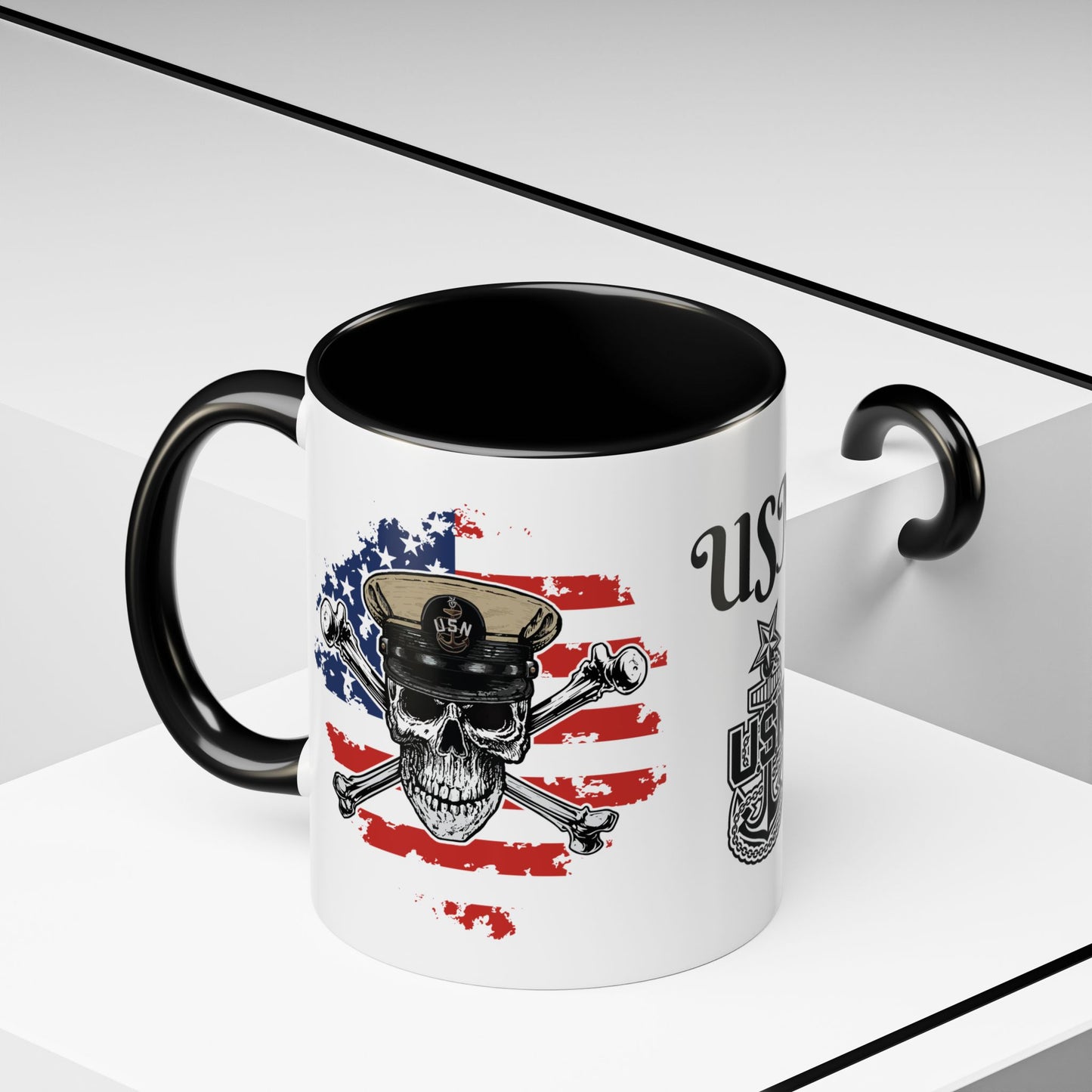 US Navy Senior Chief Skull & Crossbones on American Flag SCPO Anchor Accent Coffee Mugs