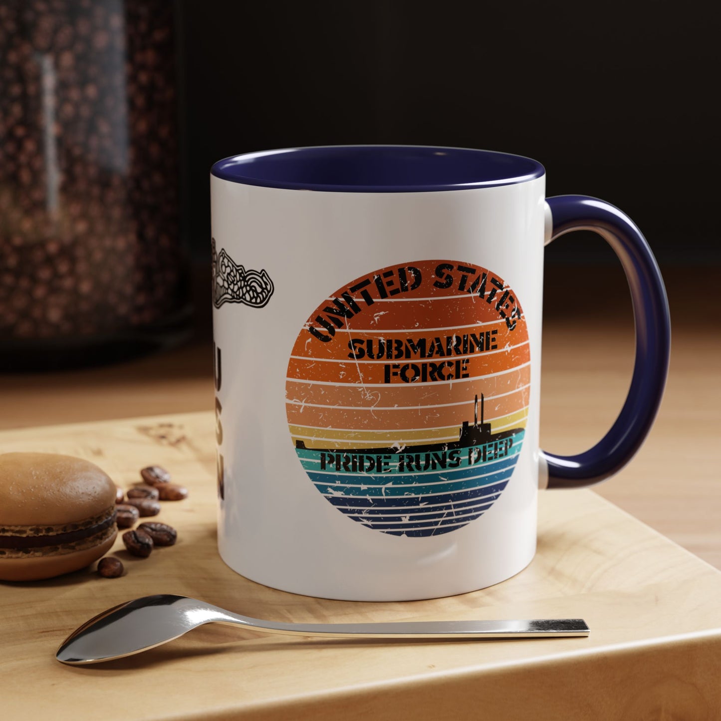 Sunset United States Navy Submarine Force Pride Runs Deep Distressed Accent Coffee Mugs