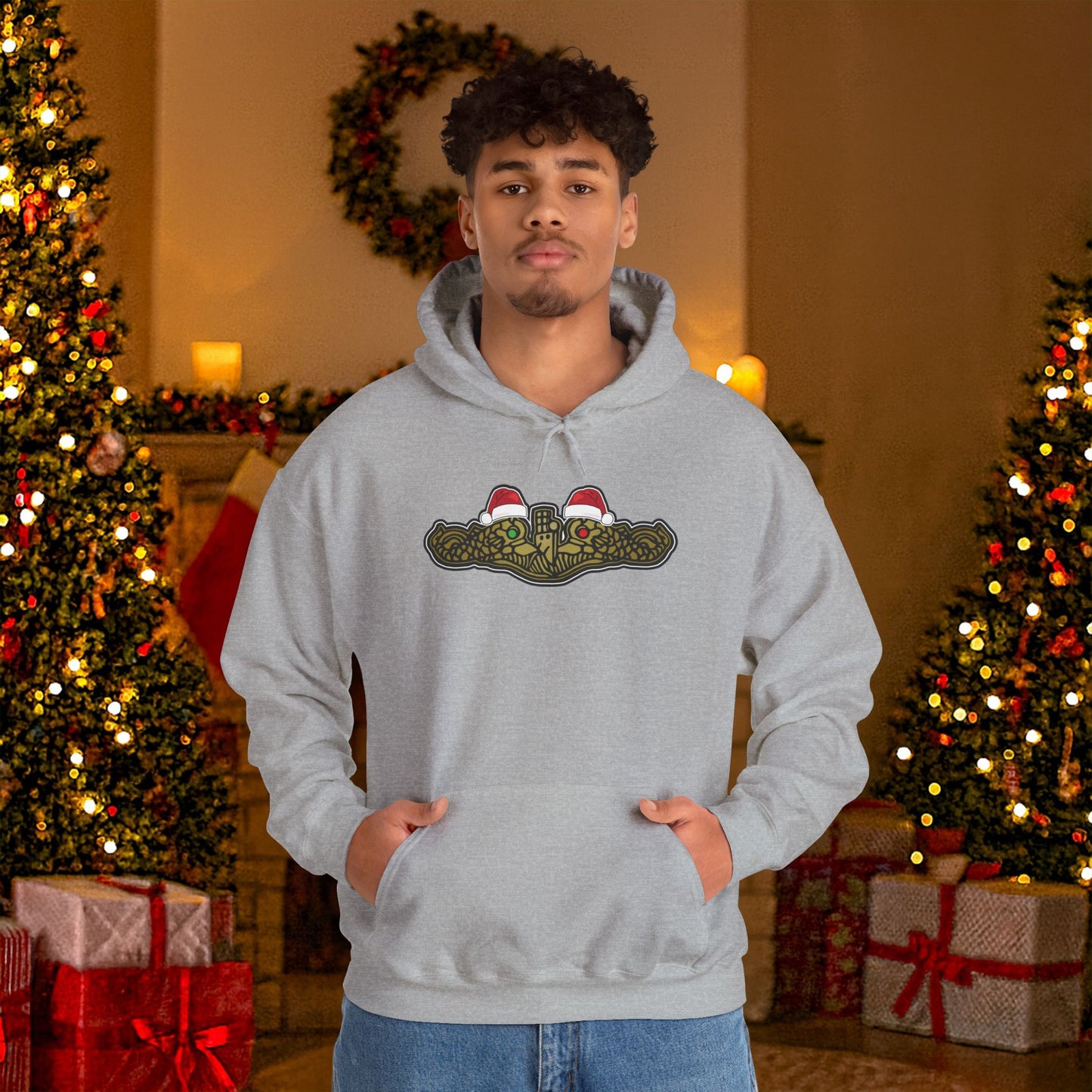 United States Submarine Force Gold Dolphins Christmas Hats with Red and Green Eyes Unisex Heavy Blend™ Hooded Sweatshirt