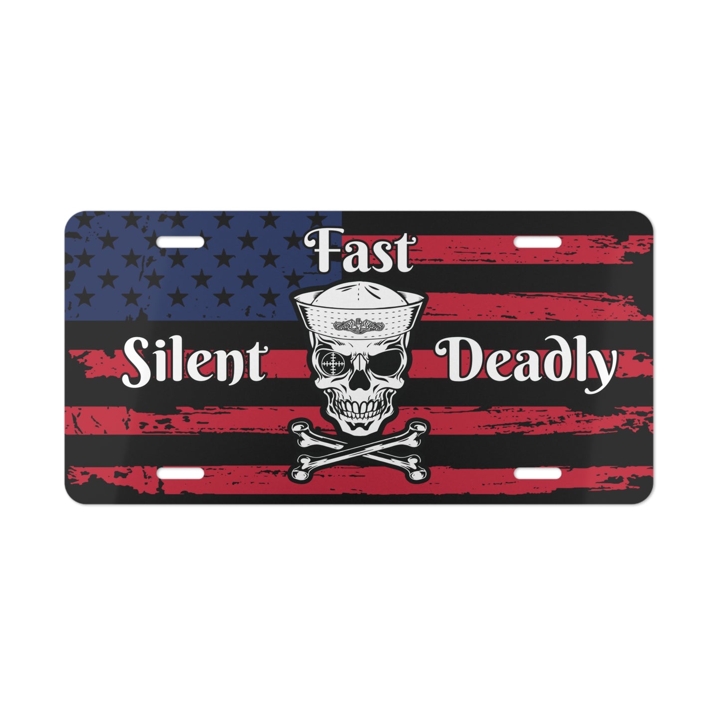 US Navy Silent Fast Deadly Skull & Crossbones on American Flag Vanity License Plate