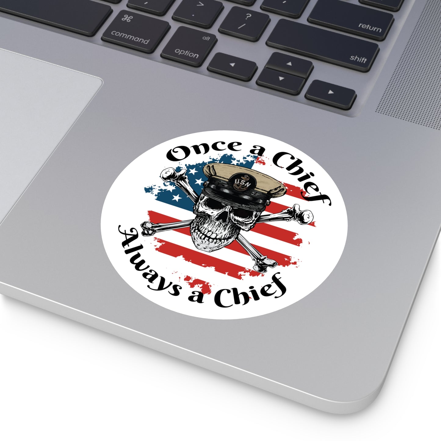 US Navy Once a Chief CPO Skull & Crossbones Sailor on Distressed USA Flag Round Sticker