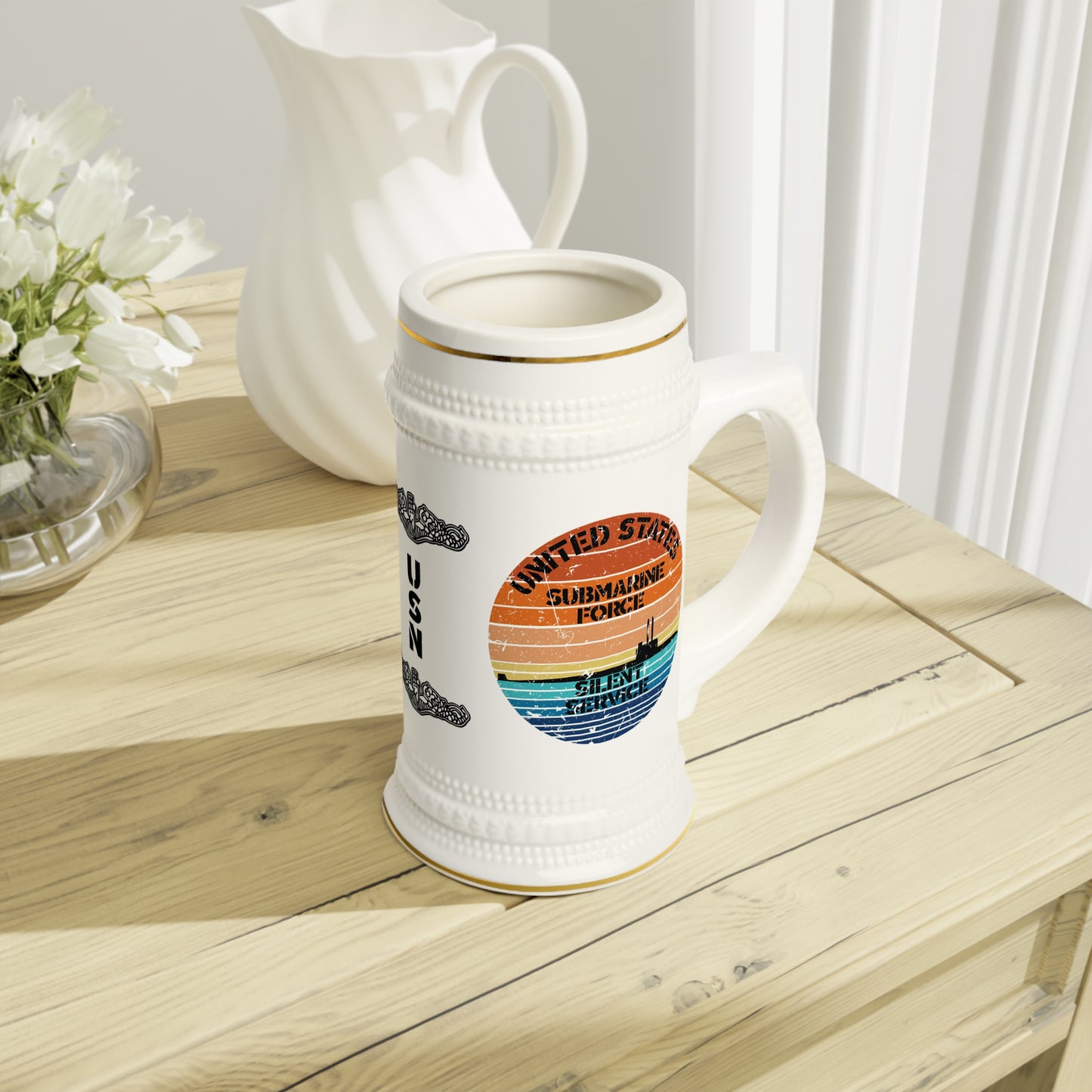 United States Navy Submarine Force Silent Service USN Dolphins Retro Vintage Sunset Distressed Drinking Stein Mug