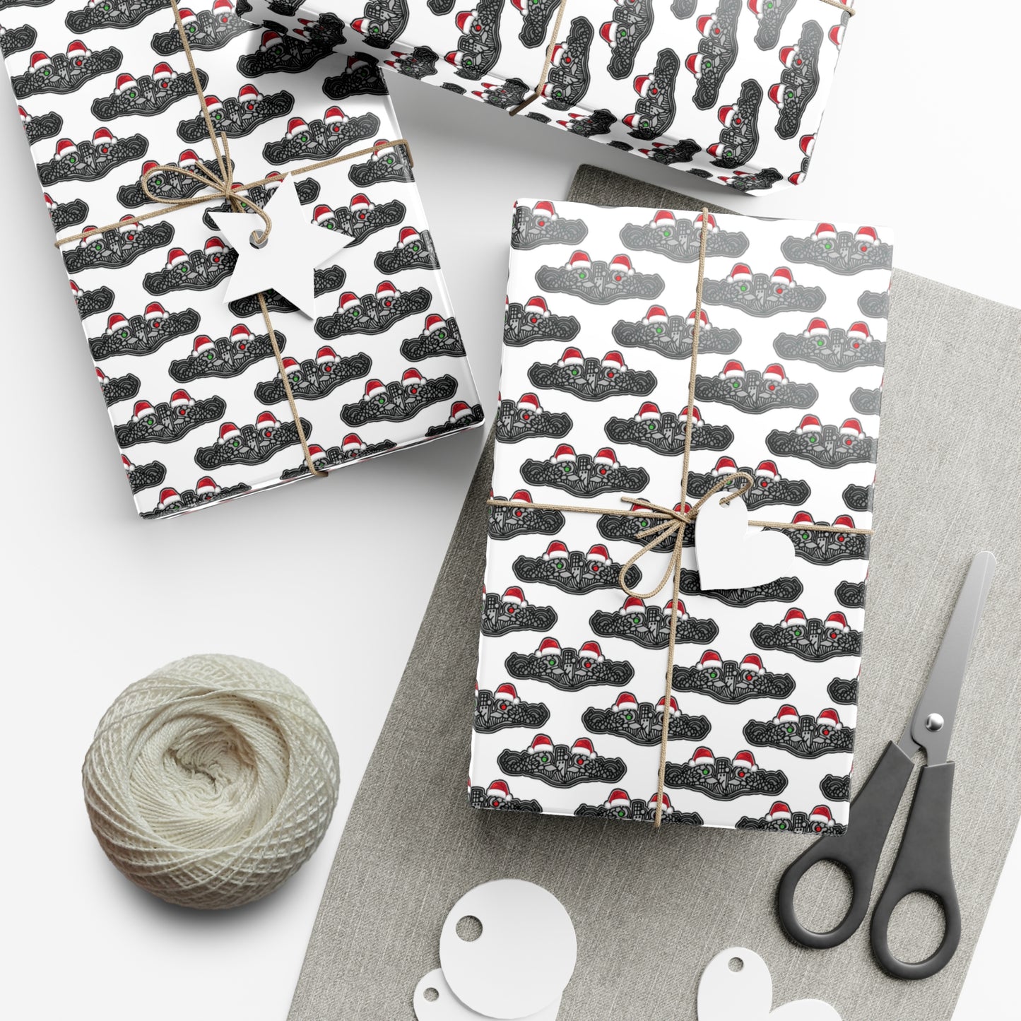 United States Navy Submarine Force Silver Enlisted Dolphins Christmas Hats with Red and Green Eyes White Gift Wrap Papers