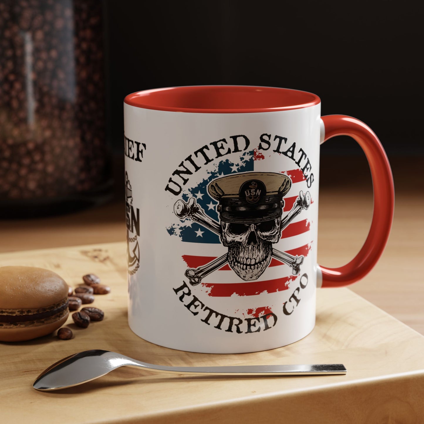 United States Navy Retired CPO Skull Crossbones Chief Petty Officer Anchor with Distressed USA Flag Accent Coffee Mugs