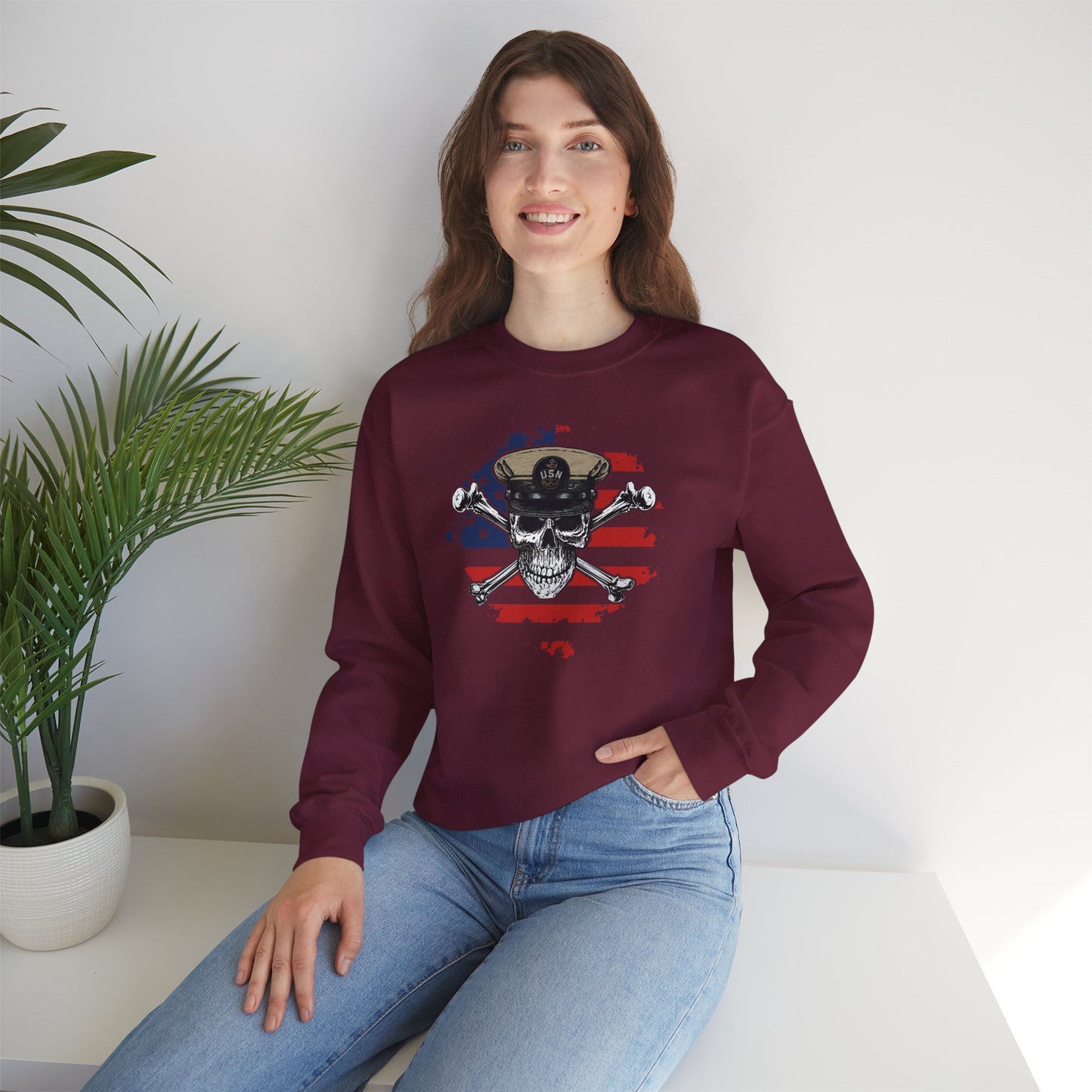 Naval Chief Skull & Crossbones CPO on Distressed American Flag Unisex Heavy Blend™ Crewneck Sweatshirt
