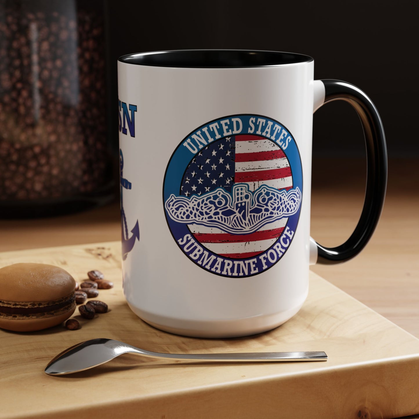United States Navy Submarine Force Silent Service White Dolphins on American Flag Accent Coffee Mugs