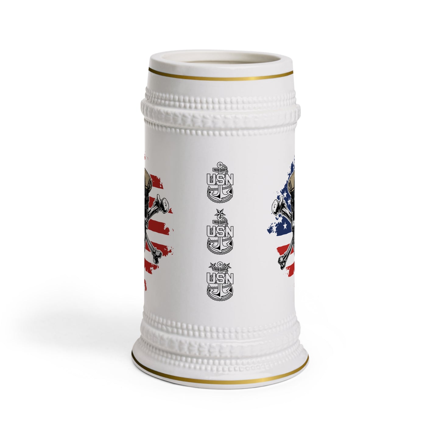 US Navy Chief Skull & Crossbones on American Flag Stein Mug