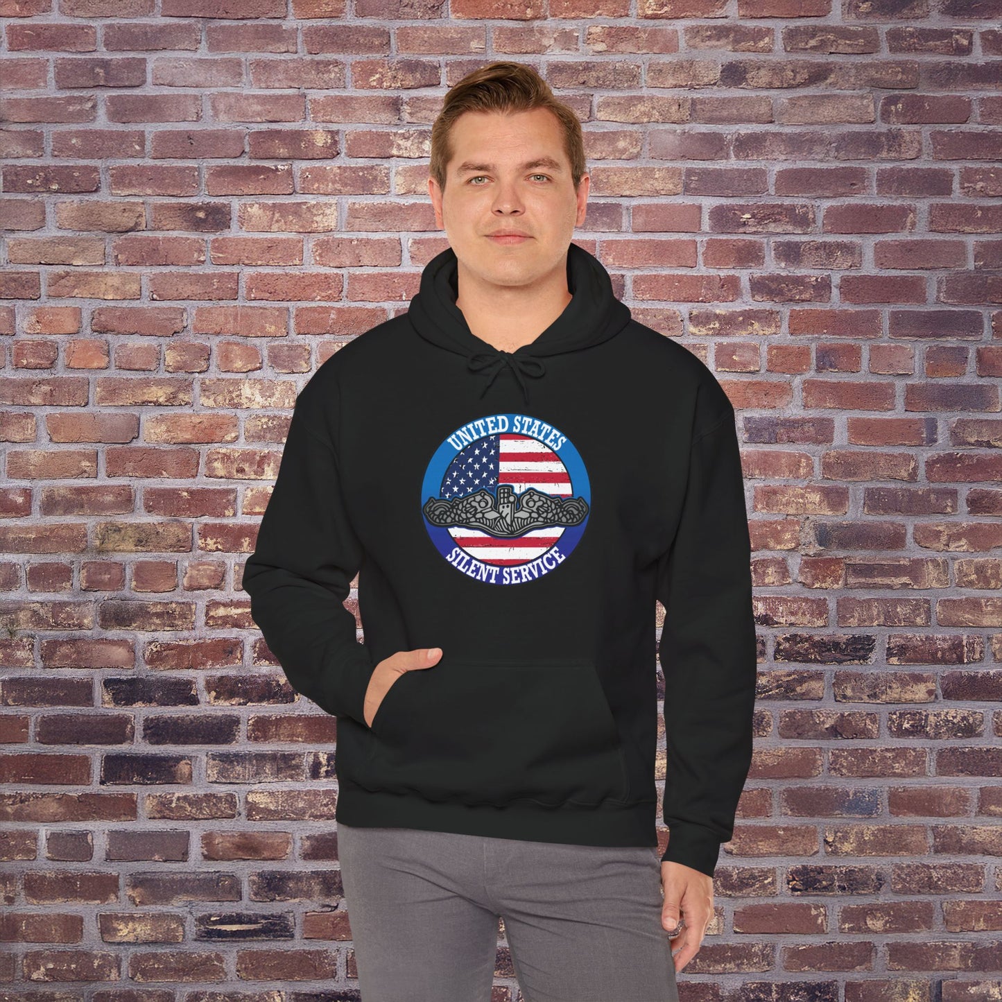 United States Silent Service Submarine Dolphins on Distressed American Flag Unisex Heavy Blend™ Hooded Sweatshirt