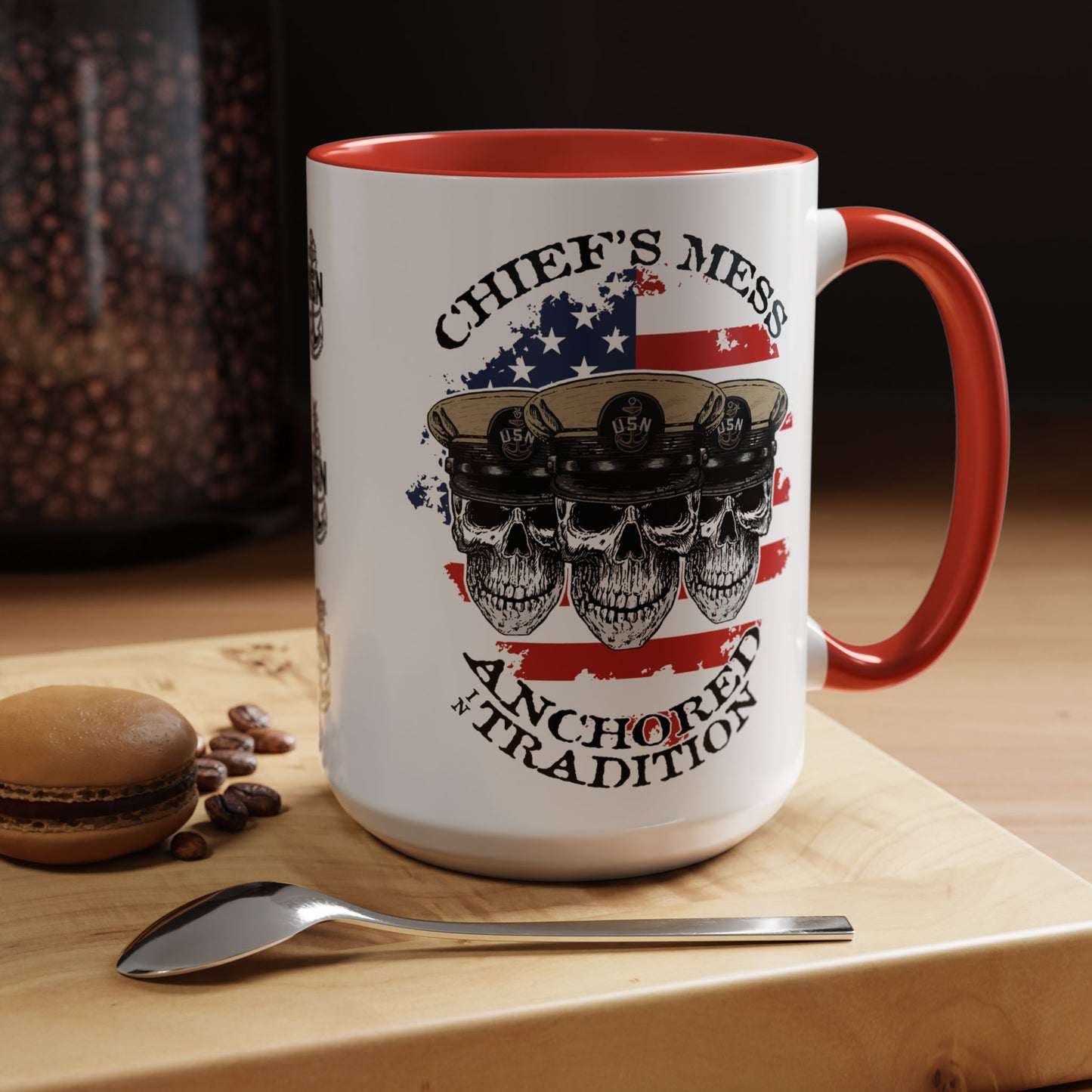 US Navy Chief's Mess Anchored Tradition CPO Sailor Skulls with Distressed USA Flag Accent Coffee Mugs