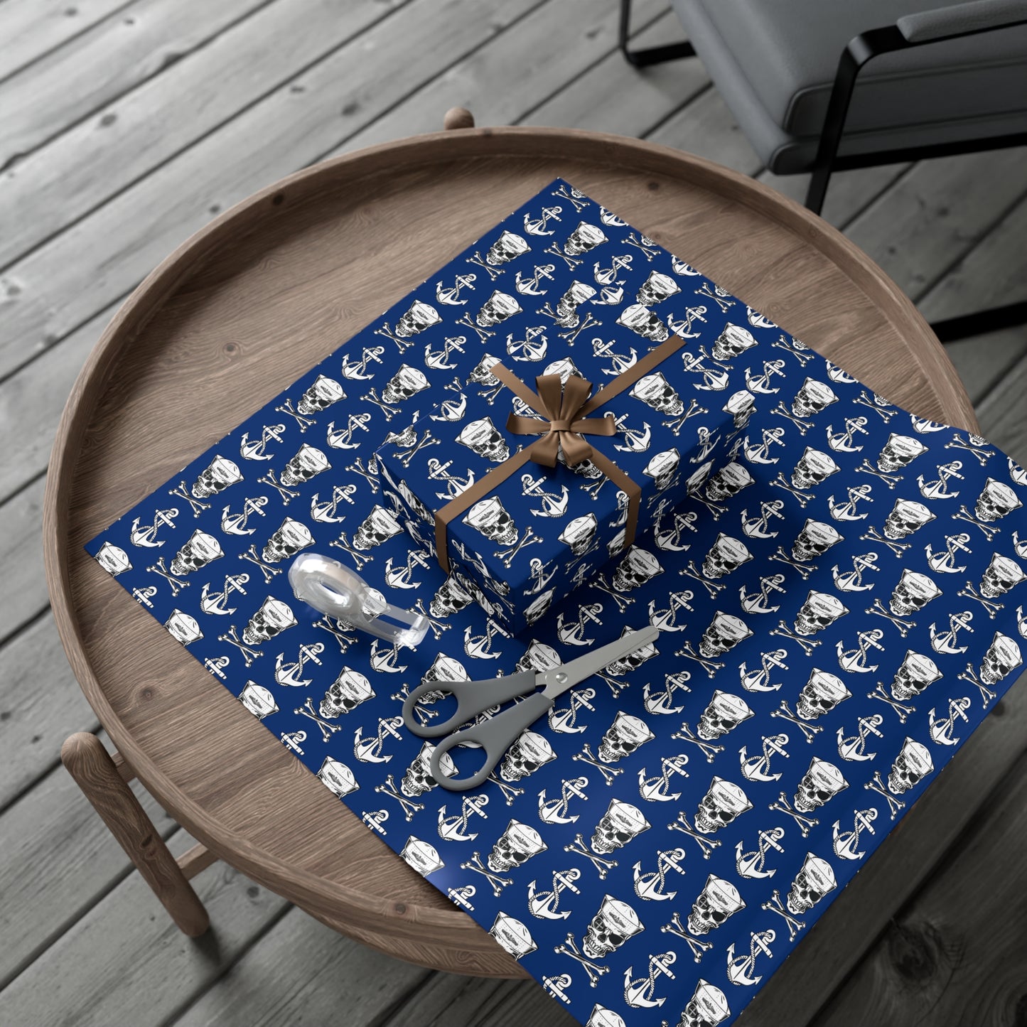 US Navy Submarine Force Sailor Skull Crossbones Wearing Dolphins with Anchors Blue Gift Wrap Papers