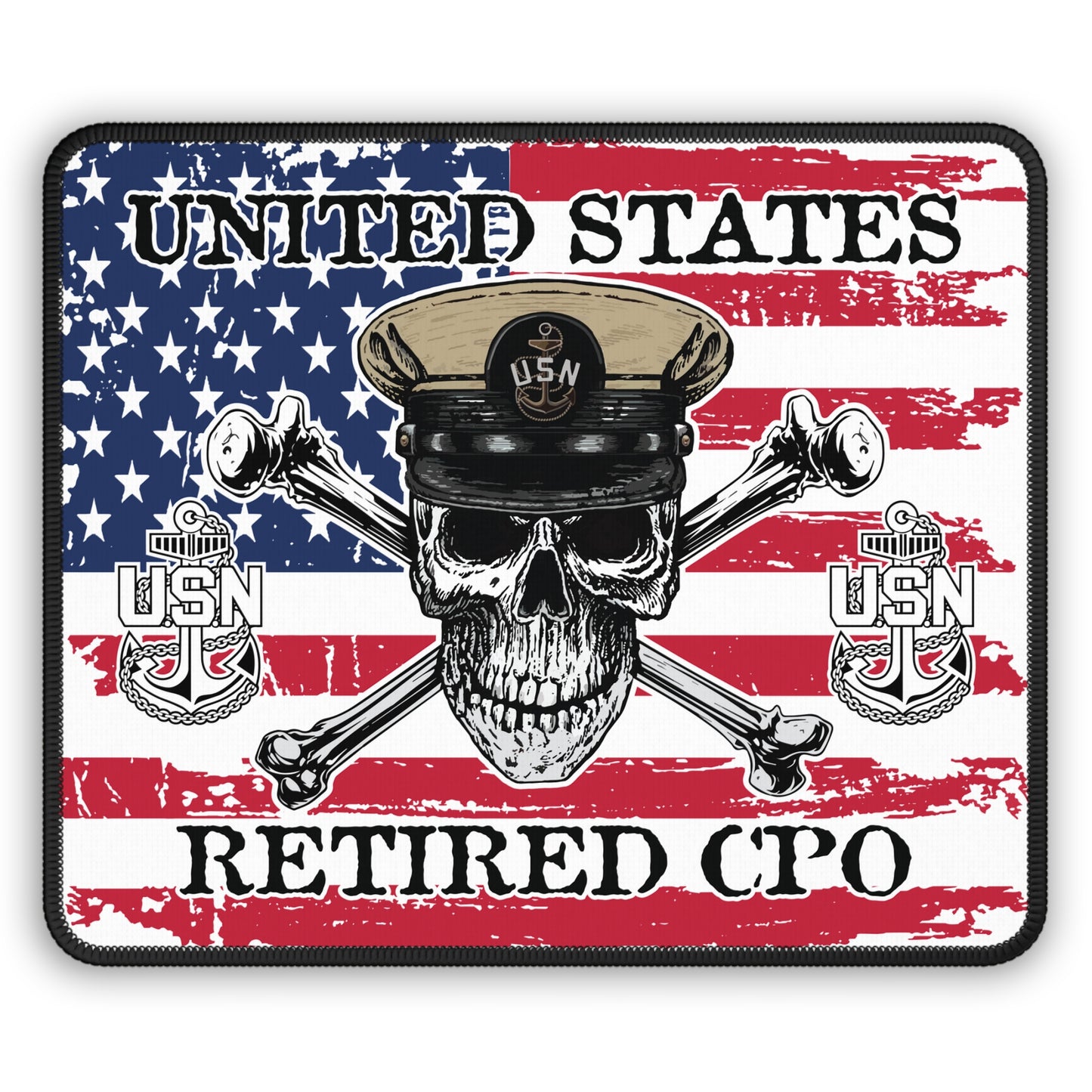 United States Retired CPO Skull Crossbones Chief with Distressed American Flag Gaming Mouse Pad