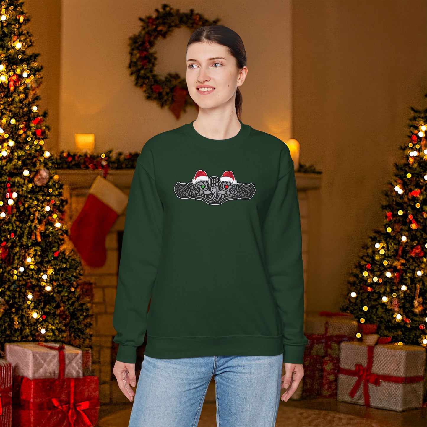 United States Submarine Force Silver Dolphins Christmas Santa Hats with Red and Green Eyes Unisex Heavy Blend™ Crewneck Sweatshirt