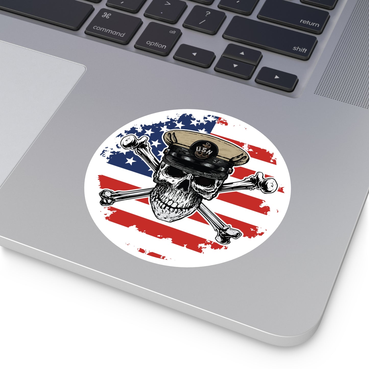 Naval Chief CPO Skull & Crossbones on American Flag Round Sticker