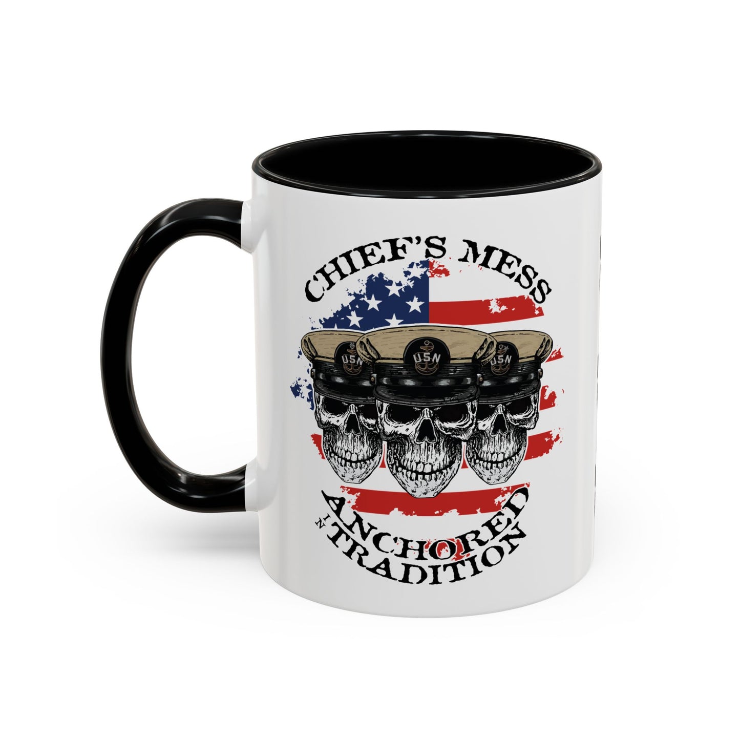 US Navy Chief's Mess Anchored Tradition CPO Sailor Skulls with Distressed USA Flag Accent Coffee Mugs
