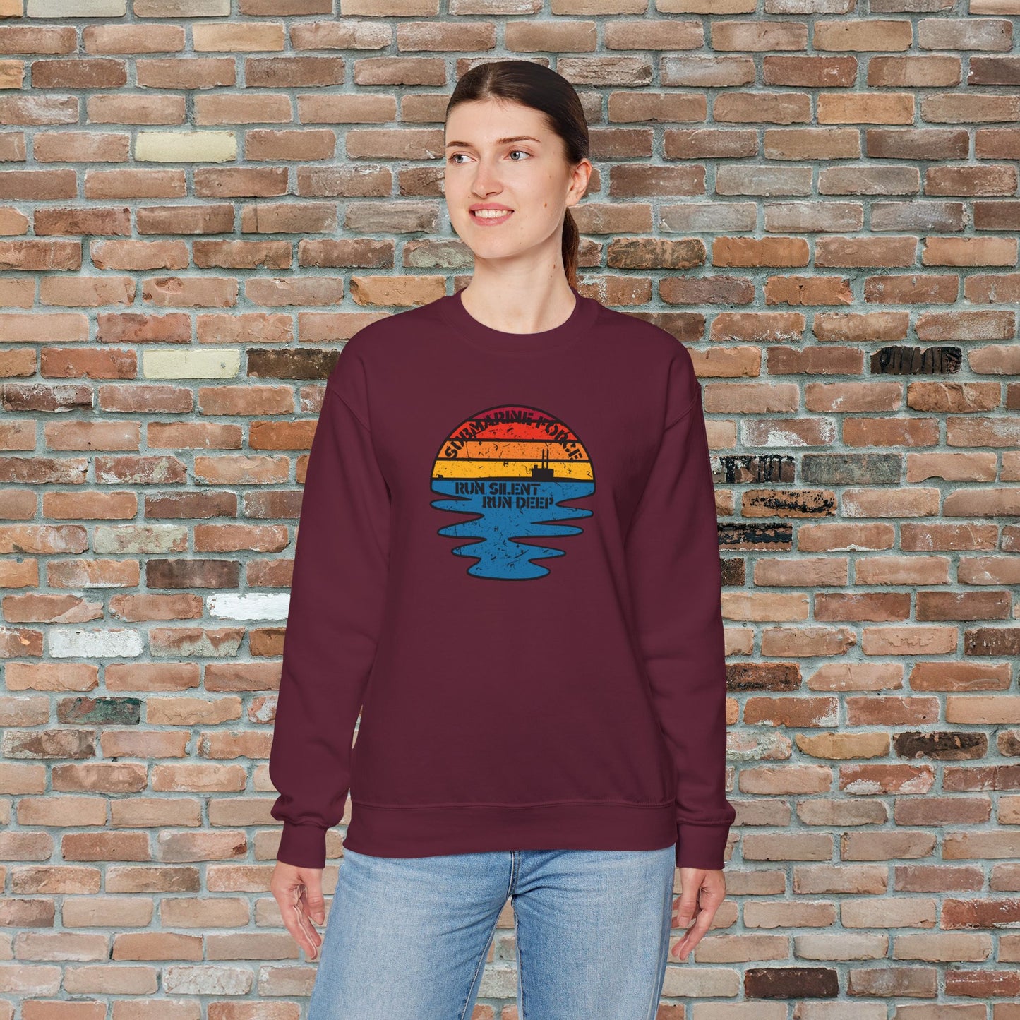 Sunset United States Navy Submarine Force Run Silent Deep Distressed Vintage Mk2 Unisex Heavy Blend™ Crewneck Sweatshirt