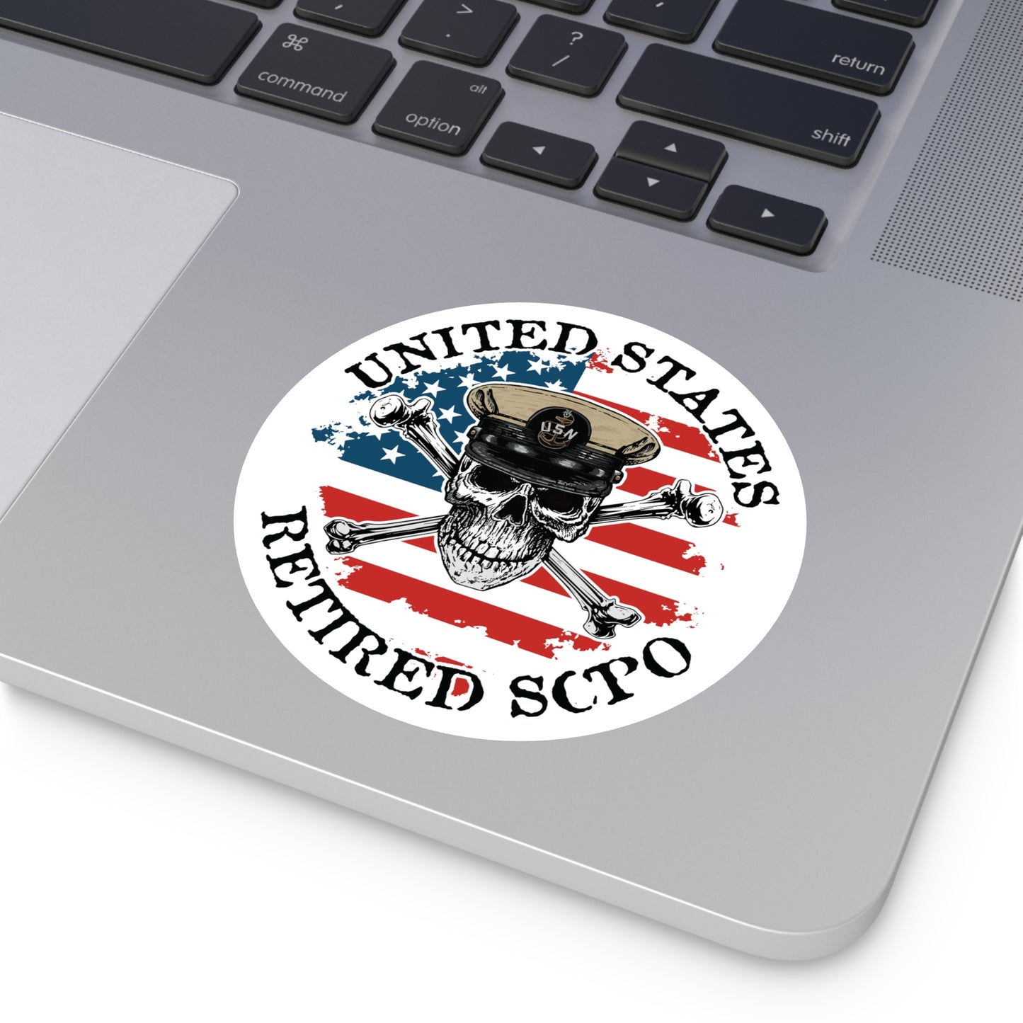 United States Retired SCPO Skull Crossbones Senior Chief Petty Officer with Distressed American Flag Master Round Sticker